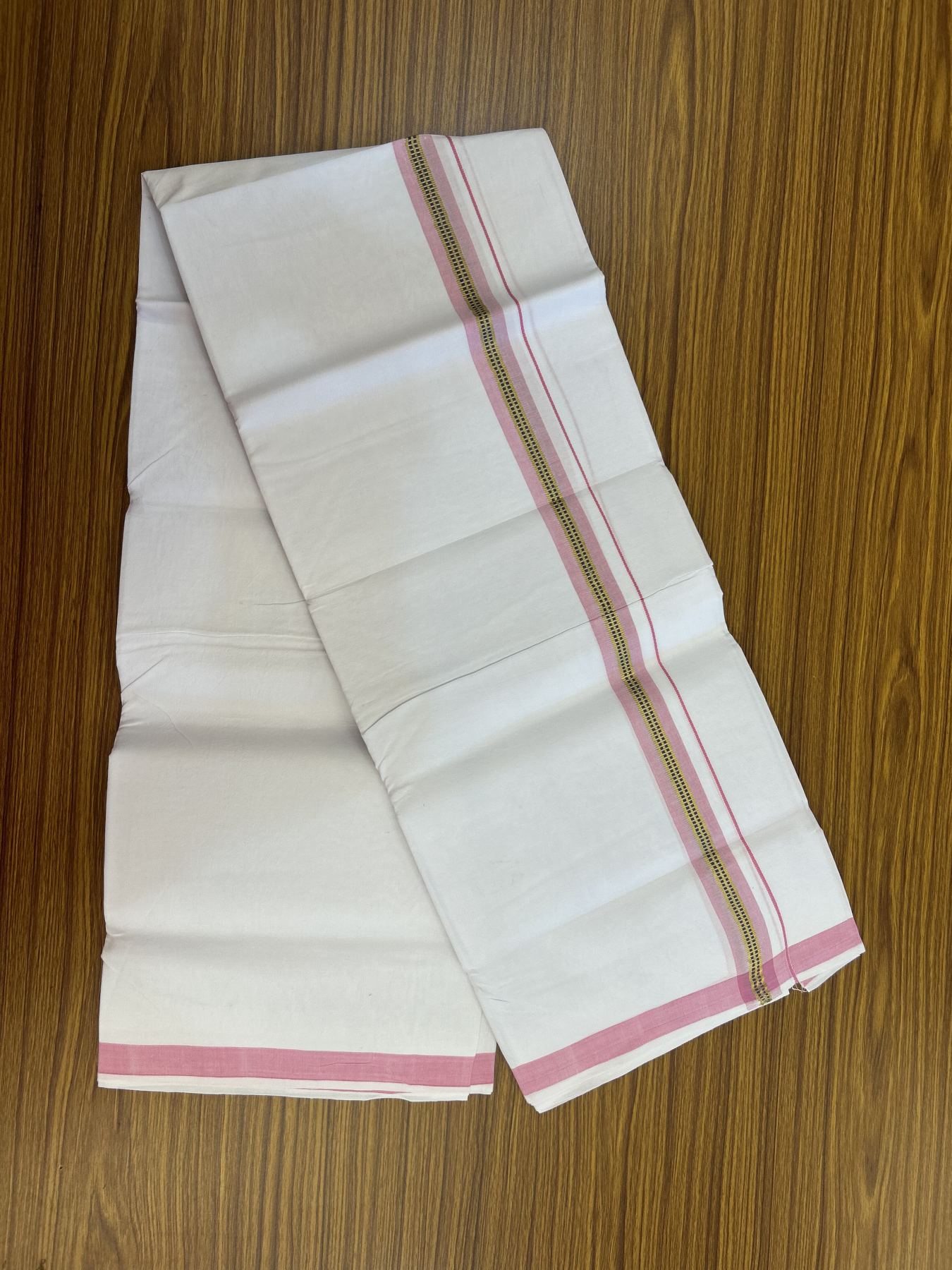 25% Discount ! KaithariKada 100% Cotton Kerala Handloom Single Pure White Mundu/Dhoti - 1 inch Pink & Blue Kasav Striped Kara (2 meter / 4 muzham) - 10 KK5336 KAI