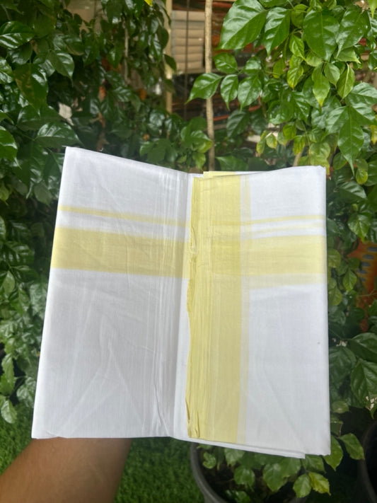 KaithariKada Handloom Millpaav Balaramapuram - 100% Pure Cotton Double Mundu/Dhoti Pure white - 80x90 - 1.5 inch Light Yellow Mulloth Kara 4 mtr (8.5 Muzham) - 6 KK5263 YAR