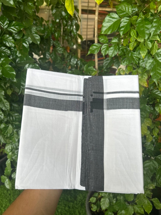 25% Discount! KaithariKada Handloom Millpaav Balaramapuram - 100% Pure Cotton Double Mundu/Dhoti Pure white - 80x90 - 1 inch Black Mulloth Kara 4 mtr (8.5 Muzham) - 2 KK5263 YAR
