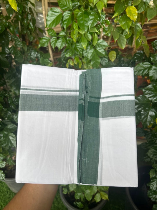 KaithariKada Handloom Millpaav Balaramapuram - 100% Pure Cotton Double Mundu/Dhoti Pure white - 80x90 - 1.5 inch Dark Green Mulloth Kara 4 mtr (8.5 Muzham) - 4 KK5263 YAR