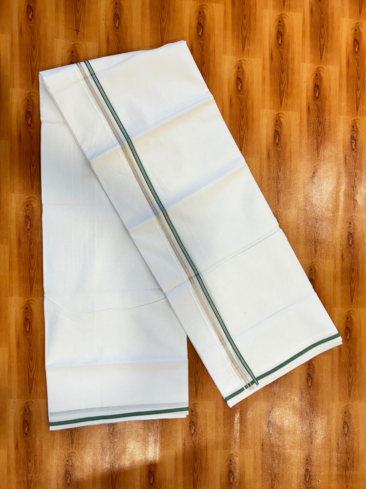 Double Pure White Mundu/ Dhoti - 20% Discount ! Kaitharikada Balaramapuram 100% Cotton 100x80 - 1 cm Silver Kasav & Green Striped Kara 3.90 mtr (8 muzham) - 6 KK5446 VAS