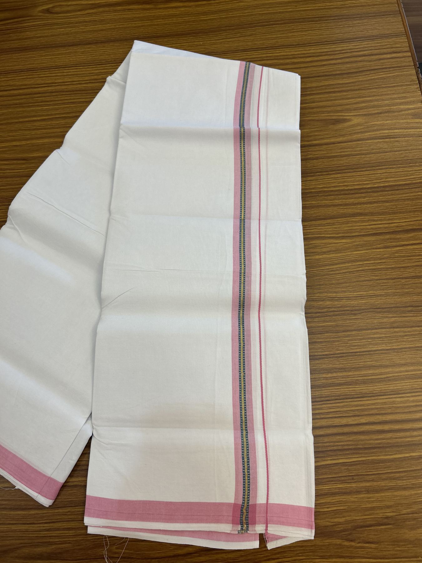 25% Discount ! KaithariKada 100% Cotton Kerala Handloom Single Pure White Mundu/Dhoti - 1 inch Pink & Blue Kasav Striped Kara (2 meter / 4 muzham) - 11 KK5336 KAI