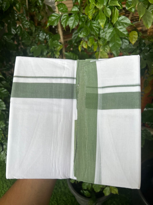 KaithariKada Handloom Millpaav Balaramapuram - 100% Pure Cotton Double Mundu/Dhoti Pure white - 80x90 - 1 inch Green Mulloth Kara 4 mtr (8.5 Muzham) - 8 KK5263 YAR