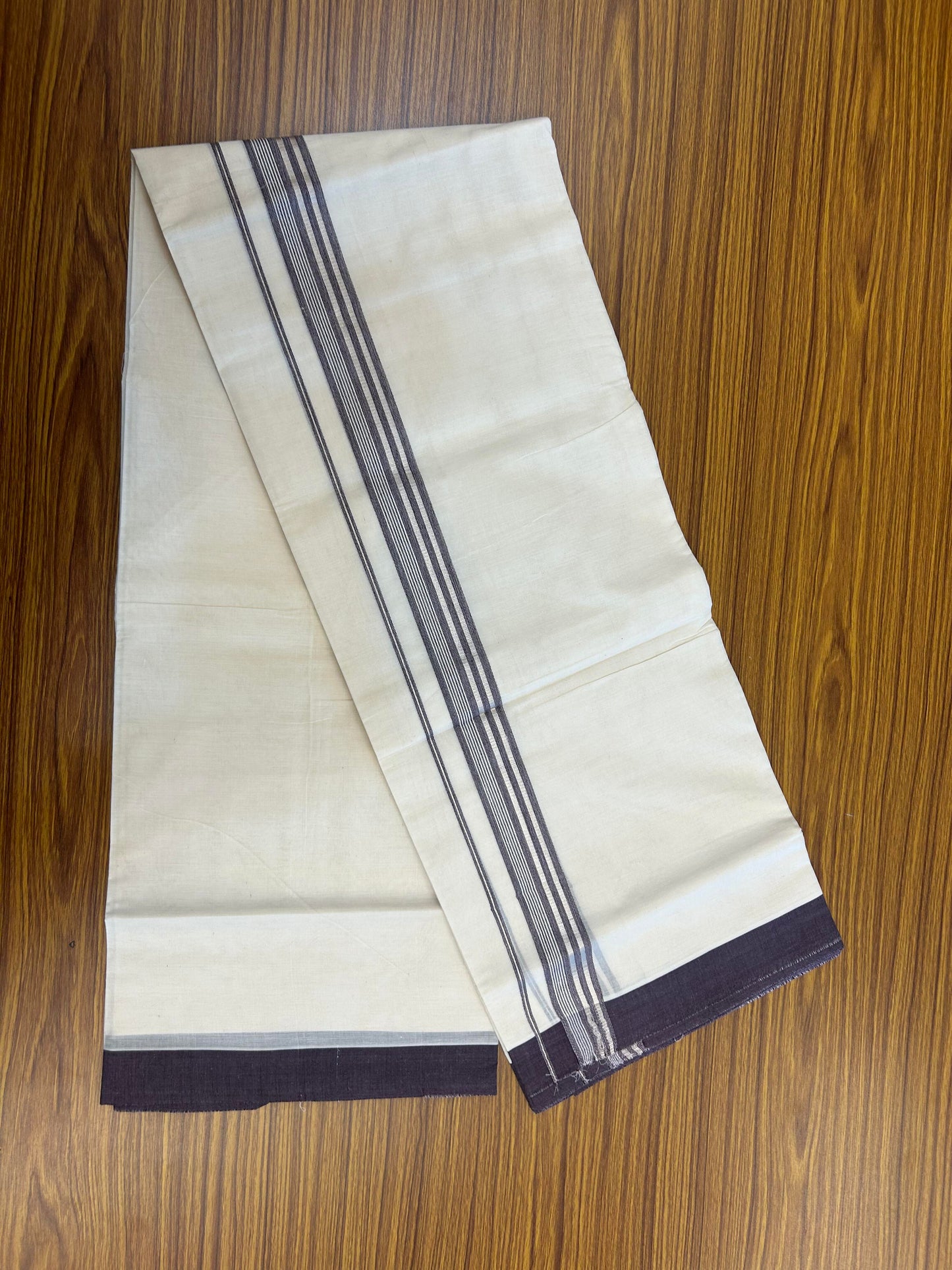 20% Discount ! KaithariKada Balaramapuram 100% Cotton Double Off White (unbleached) Mundu/Dhoti - 100x80 - 1.5 inch Silver Kasav & Wine Purple Striped Kara 4 mtr (8.5 muzham) - 152 KK5361 PMC