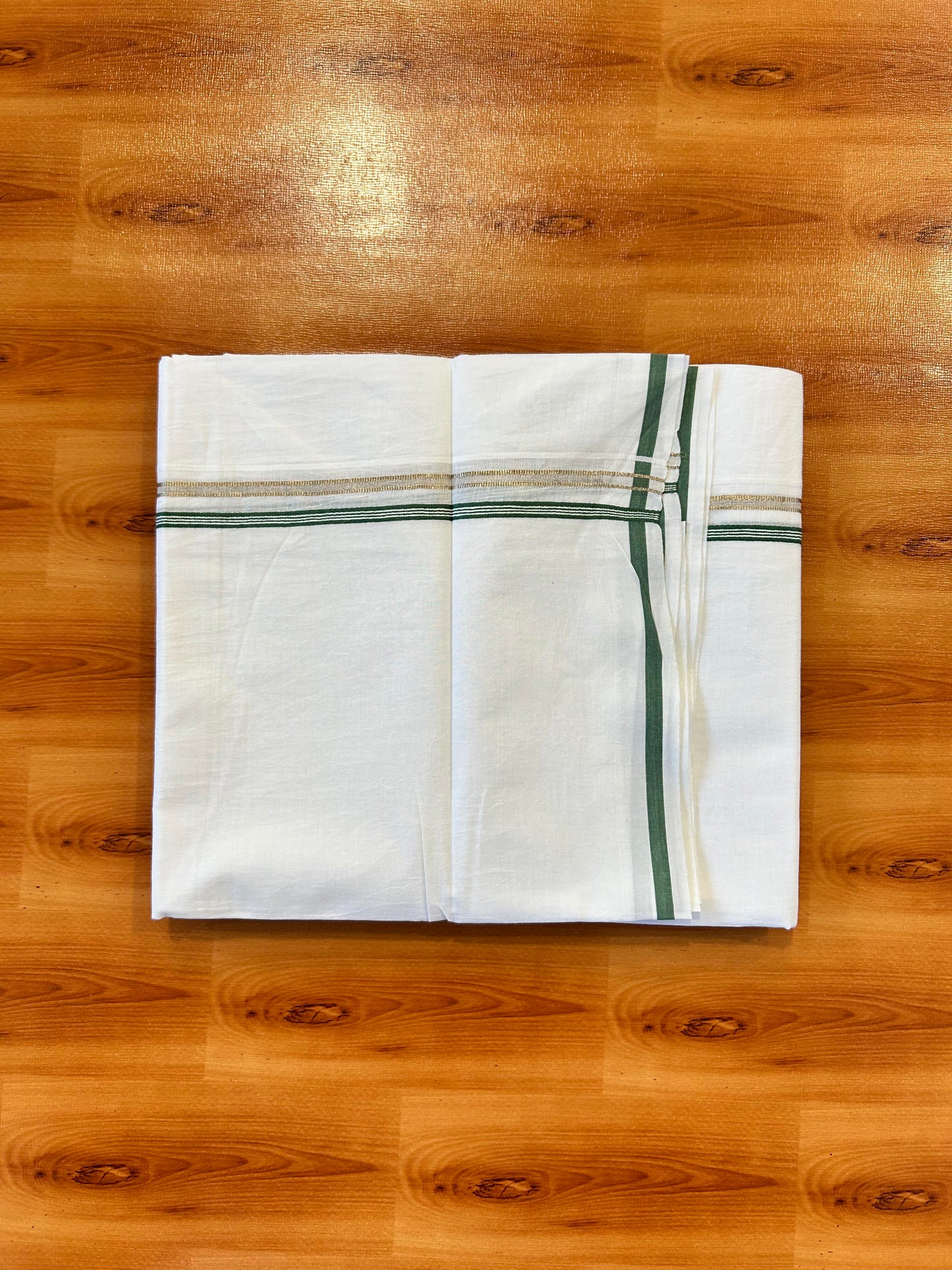 Double Pure White Mundu/ Dhoti - 20% Discount ! Kaitharikada Balaramapuram 100% Cotton 100x80 - 1 cm Silver Kasav & Green Striped Kara 3.90 mtr (8 muzham) - 6 KK5446 VAS