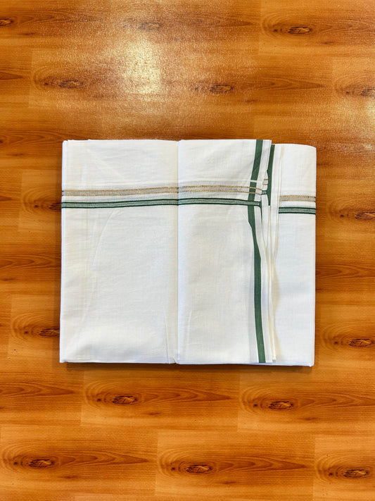Double Pure White Mundu/ Dhoti - 20% Discount ! Kaitharikada Balaramapuram 100% Cotton 100x80 - 1 cm Silver Kasav & Green Striped Kara 3.90 mtr (8 muzham) - 6 KK5446 VAS