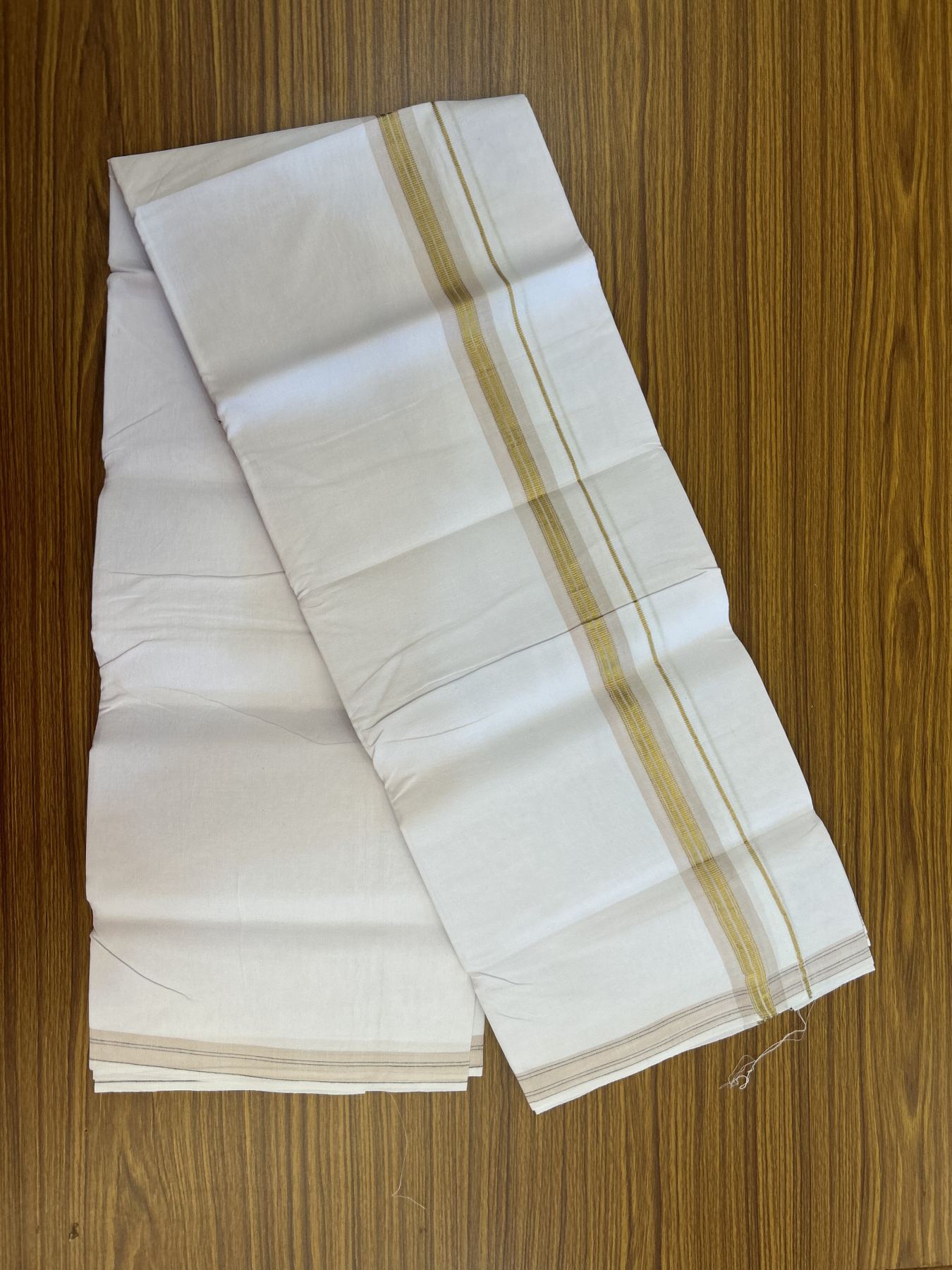 25% Discount ! KaithariKada 100% Cotton Kerala Handloom Single Pure White Mundu/Dhoti - 1 inch Light Brown & Kasav Striped Kara (2 meter / 4 muzham) - 12 KK5336 KAI
