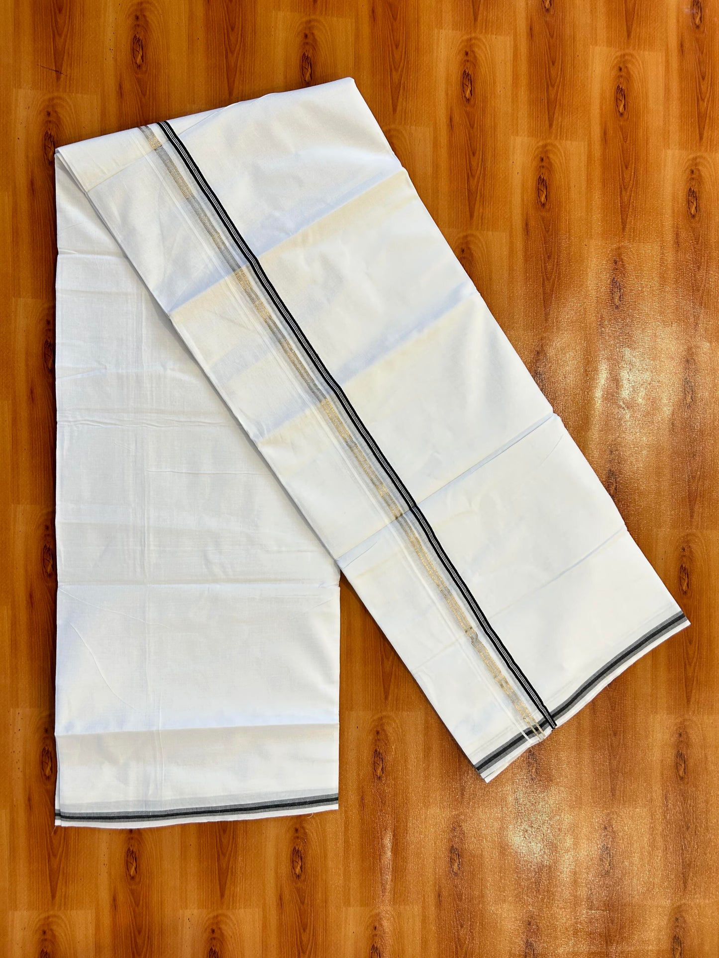 Double Pure White Mundu/ Dhoti - 20% Discount ! Kaitharikada Balaramapuram 100% Cotton 100x80 - 1 cm Silver Kasav & Black Striped Kara 3.90 mtr (8 muzham) - 7 KK5446 VAS