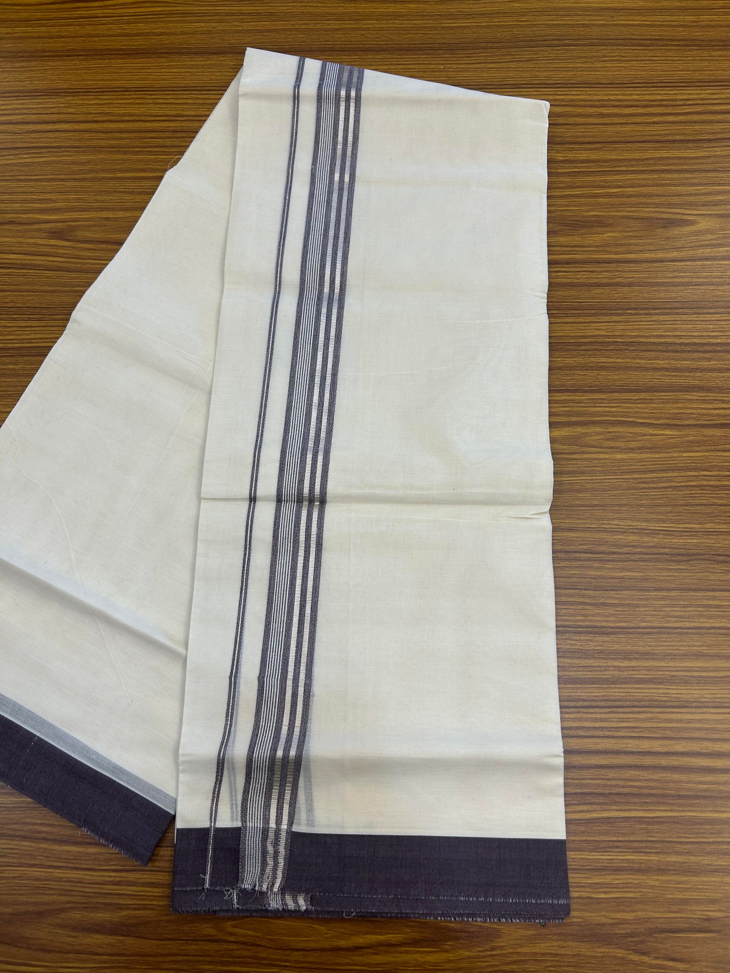 20% Discount ! KaithariKada Balaramapuram 100% Cotton Double Off White (unbleached) Mundu/Dhoti - 100x80 - 1.5 inch Silver Kasav & Wine Purple Striped Kara 4 mtr (8.5 muzham) - 152 KK5361 PMC