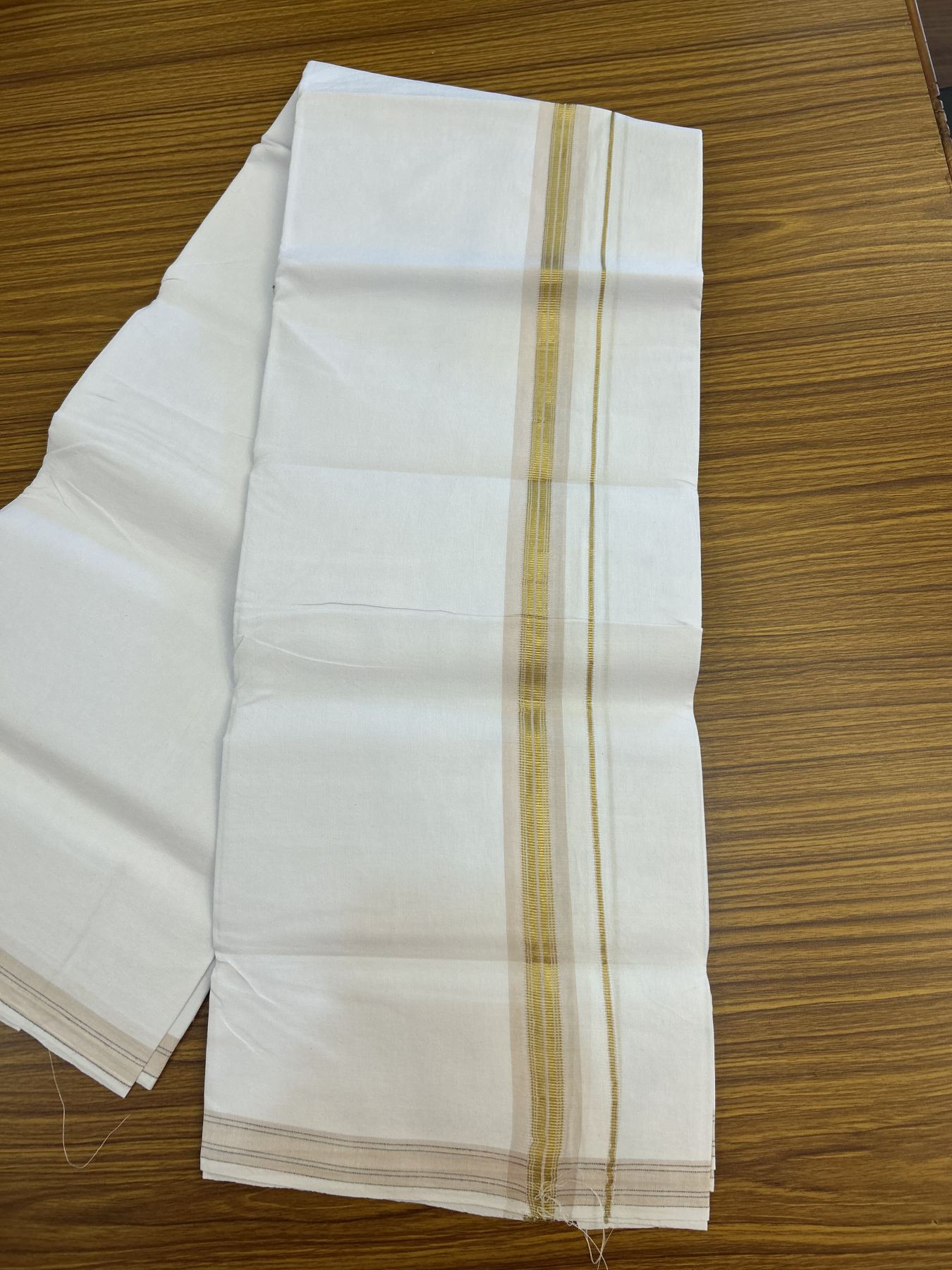 25% Discount ! KaithariKada 100% Cotton Kerala Handloom Single Pure White Mundu/Dhoti - 1 inch Light Brown & Kasav Striped Kara (2 meter / 4 muzham) - 12 KK5336 KAI