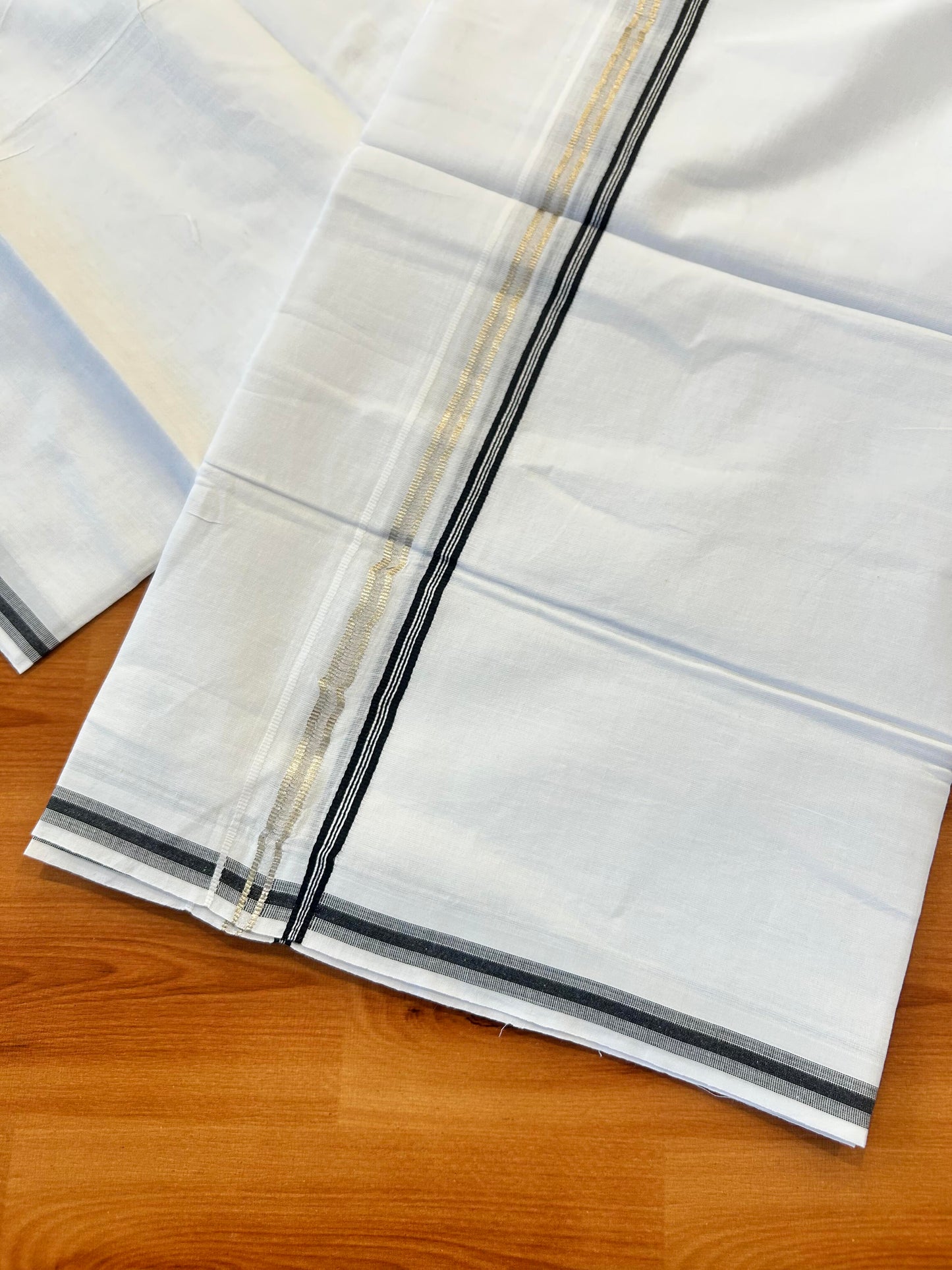 Double Pure White Mundu/ Dhoti - 20% Discount ! Kaitharikada Balaramapuram 100% Cotton 100x80 - 1 cm Silver Kasav & Black Striped Kara 3.90 mtr (8 muzham) - 7 KK5446 VAS