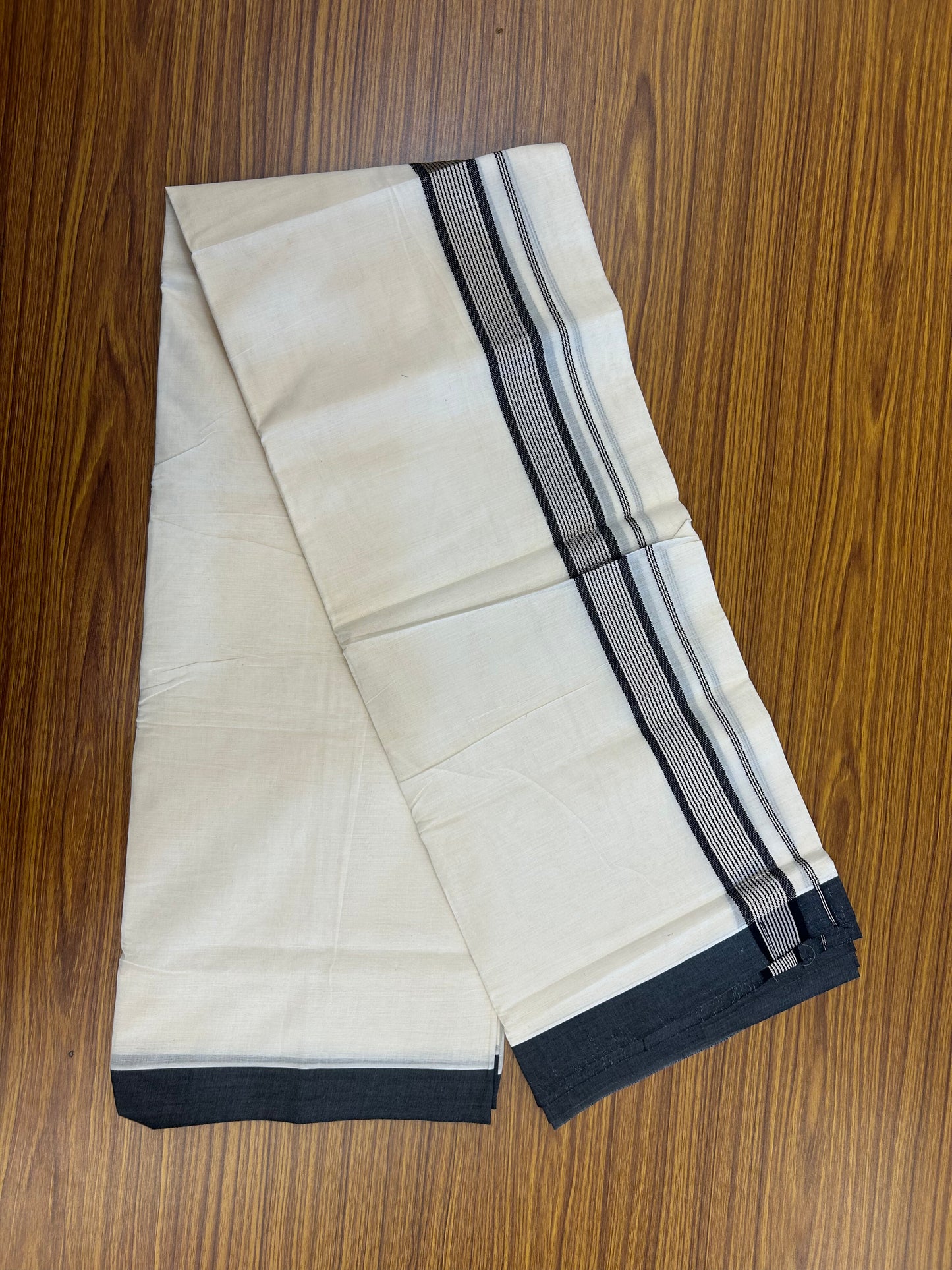 20% Discount !! KaithariKada Balaramapuram Double Off White (Unbleached) Mundu/Dhoti - 100x80 - 1.5 inch Black & Silver Striped kara 4 mtr (8.5 muzham) - 176 KK5361 PMC