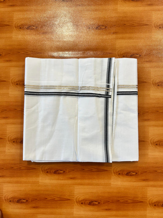 Double Pure White Mundu/ Dhoti - 20% Discount ! Kaitharikada Balaramapuram 100% Cotton 100x80 - 1 cm Silver Kasav & Black Striped Kara 3.90 mtr (8 muzham) - 7 KK5446 VAS