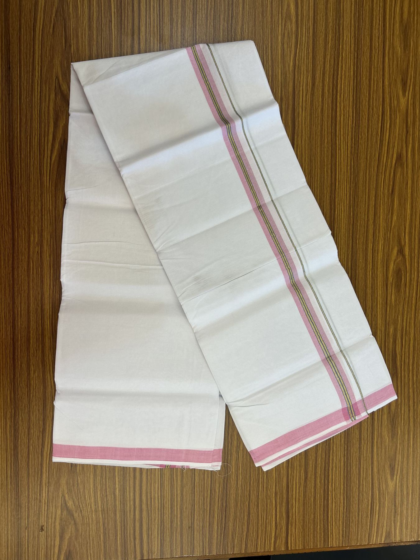 25% Discount ! KaithariKada 100% Cotton Kerala Handloom Single Pure White Mundu/Dhoti - 1 inch Light Brown & Kasav Striped Kara (2 meter / 4 muzham) - 12 KK5336 KAI