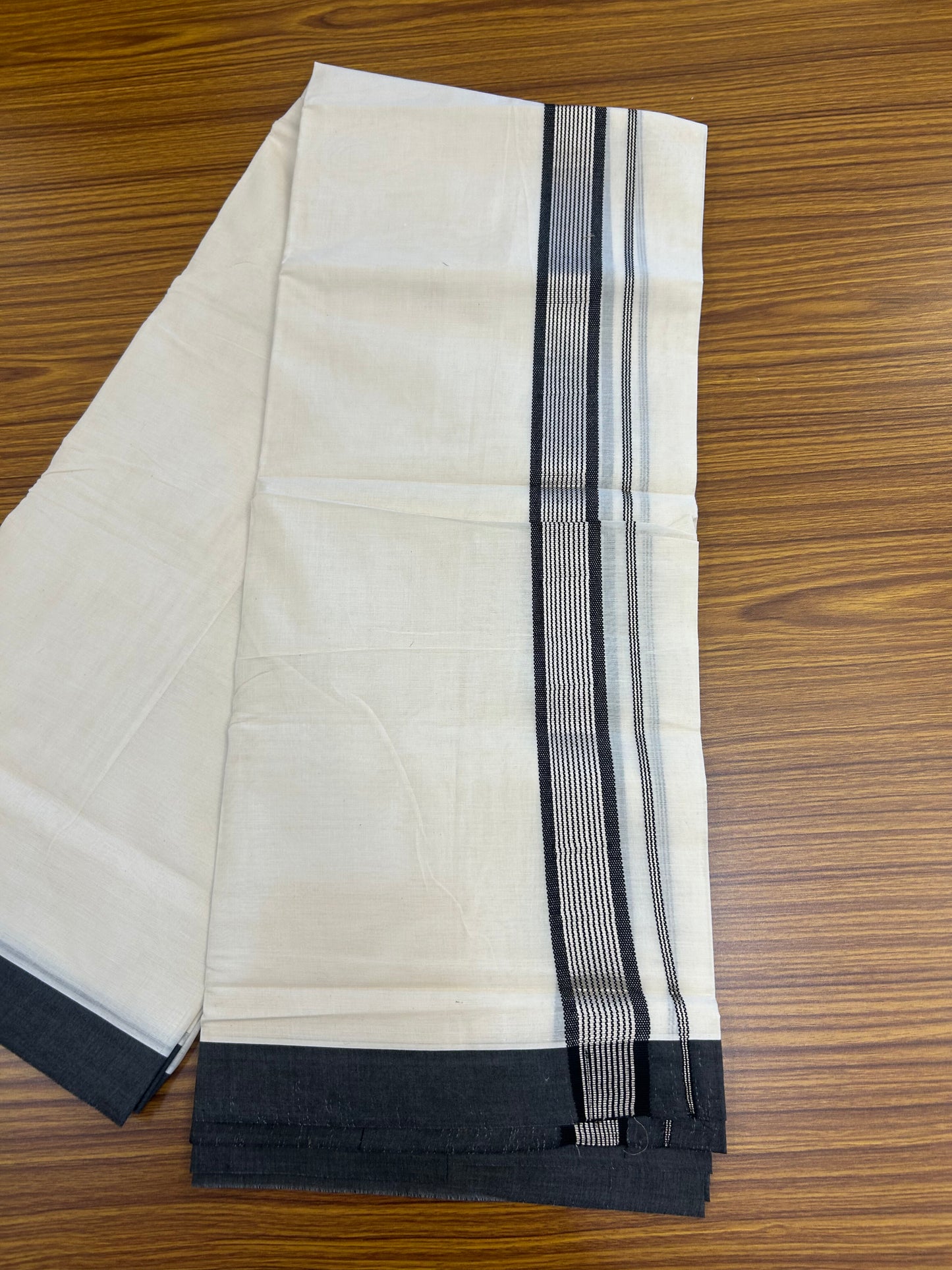 20% Discount !! KaithariKada Balaramapuram Double Off White (Unbleached) Mundu/Dhoti - 100x80 - 1.5 inch Black & Silver Striped kara 4 mtr (8.5 muzham) - 176 KK5361 PMC