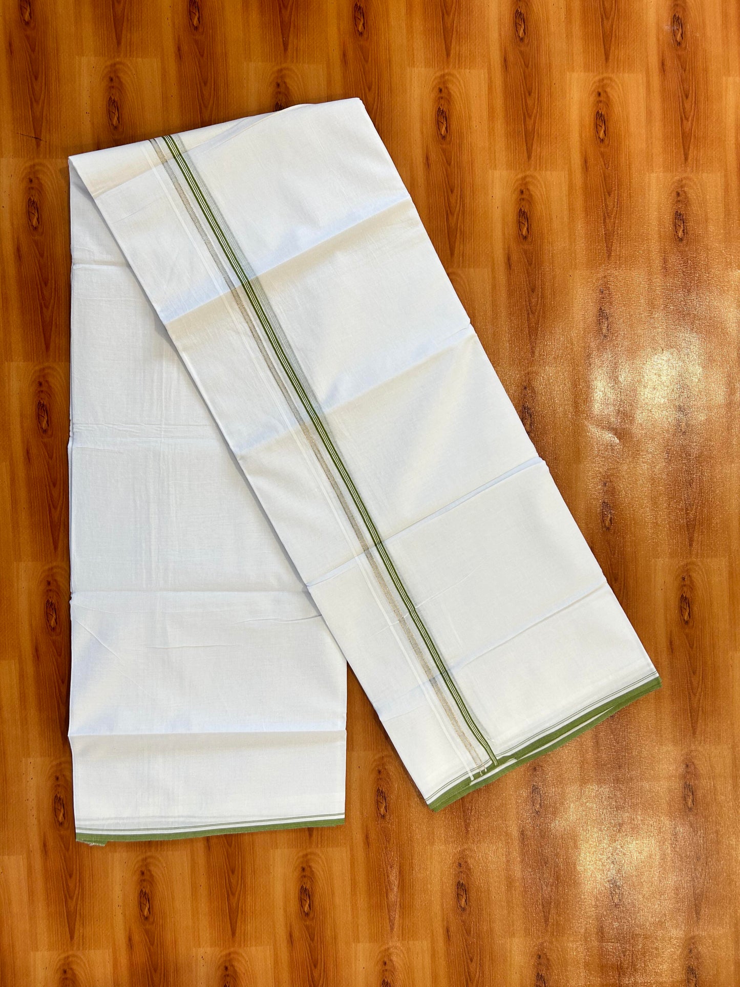 Double Pure White Mundu/Dhoti - 20% Discount ! Kaitharikada Balaramapuram 100% Cotton 100x80 - 1 cm Silver Kasav & Parrot Green Striped Kara 3.90 mtr (8 muzham) - 5 KK5446 VAS