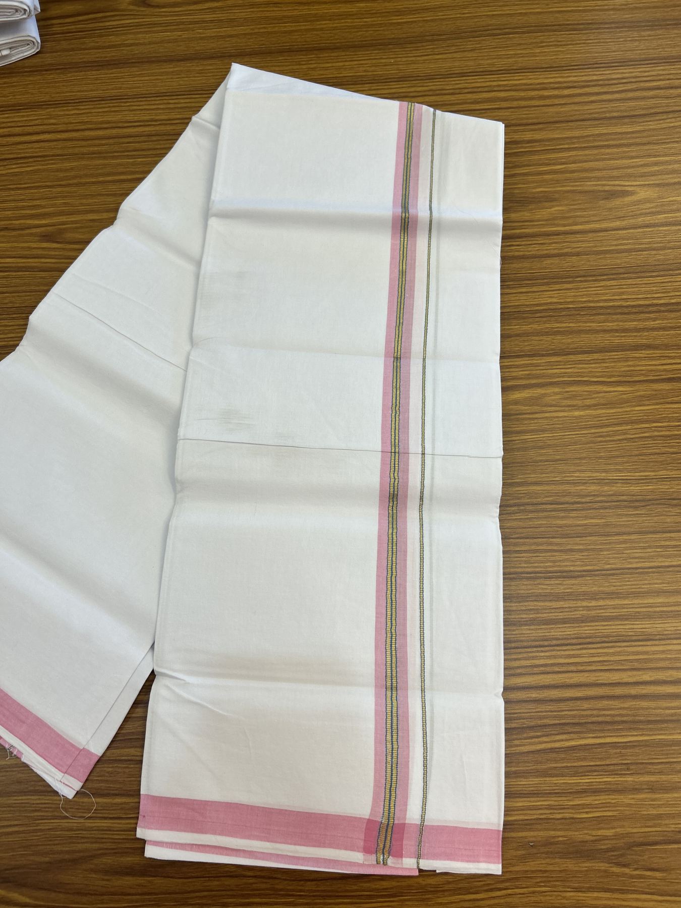 25% Discount ! KaithariKada 100% Cotton Kerala Handloom Single Pure White Mundu/Dhoti - 1 inch Light Brown & Kasav Striped Kara (2 meter / 4 muzham) - 12 KK5336 KAI