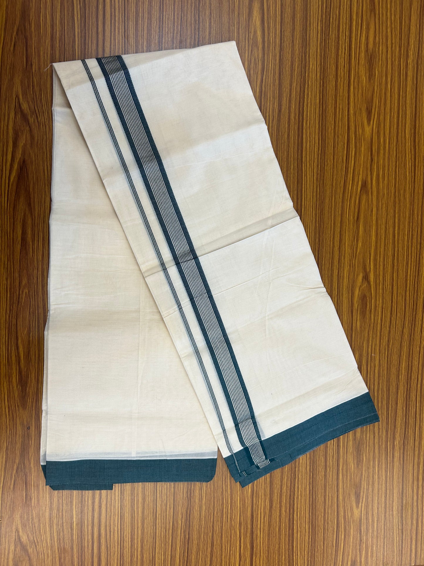 20% Discount !! KaithariKada Balaramapuram Double Off White (Unbleached) Mundu/Dhoti - 100x80 - 1.5 inch Green & Silver Striped kara 4 mtr (8.5 muzham) - 173 KK5361 PMC