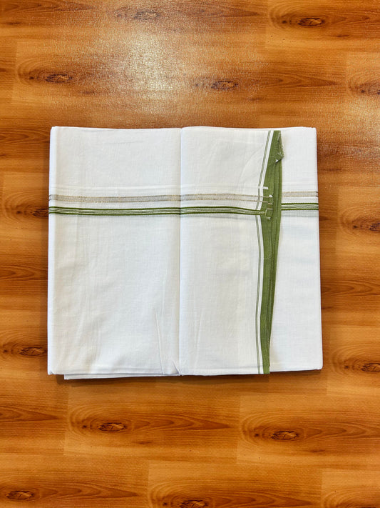Double Pure White Mundu/Dhoti - 20% Discount ! Kaitharikada Balaramapuram 100% Cotton 100x80 - 1 cm Silver Kasav & Parrot Green Striped Kara 3.90 mtr (8 muzham) - 5 KK5446 VAS