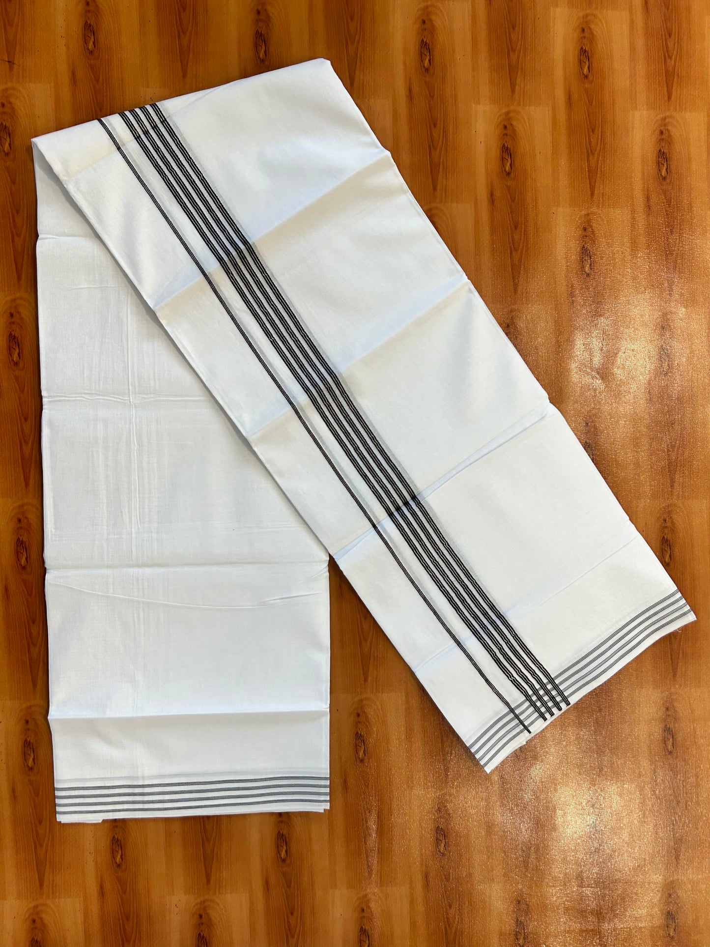 Double Pure White Mundu/Dhoti - 20% Discount ! Kaitharikada Balaramapuram 100% Cotton 100x80 - 1.25 Inch Silver Kasav & Black Striped Kara 3.90 mtr (8 muzham) - 3 KK5446 VAS