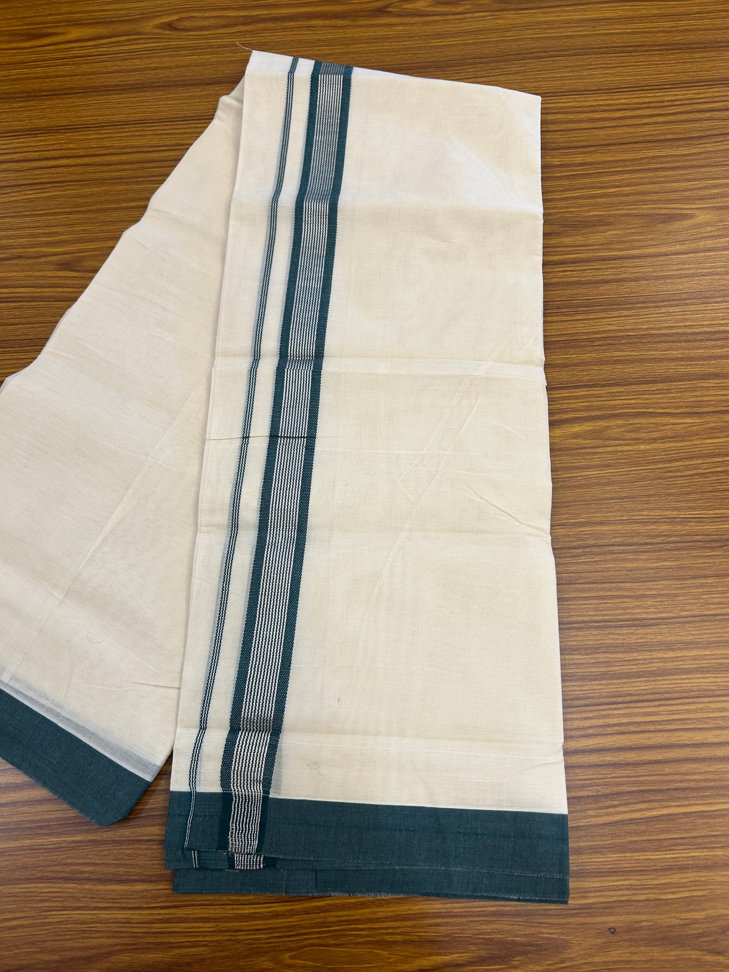 20% Discount !! KaithariKada Balaramapuram Double Off White (Unbleached) Mundu/Dhoti - 100x80 - 1.5 inch Green & Silver Striped kara 4 mtr (8.5 muzham) - 173 KK5361 PMC