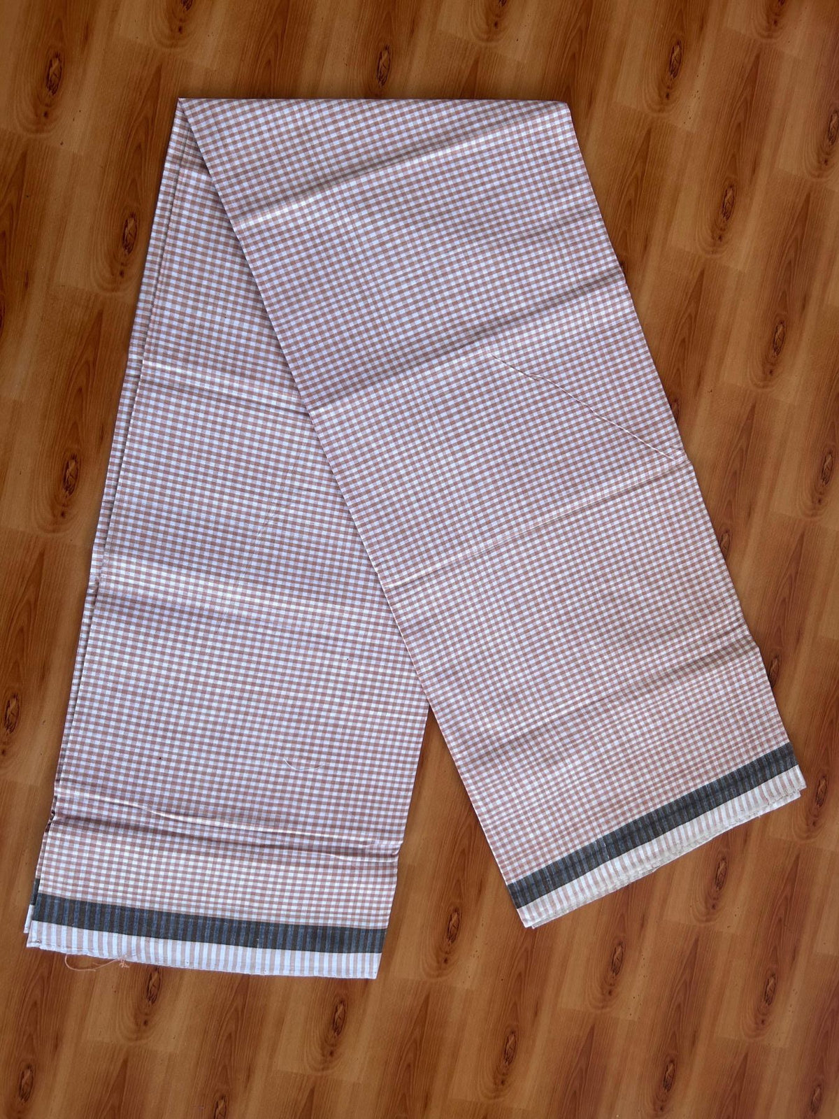 Kerala Handloom - Signature Kaitharikada - 100% Pure Cotton - 2/60X40s Twisted Thread - Handloom Single Mundu/Dhoti - Brown & White Check Body  - 2 mtr - 29 KK8080 KAL