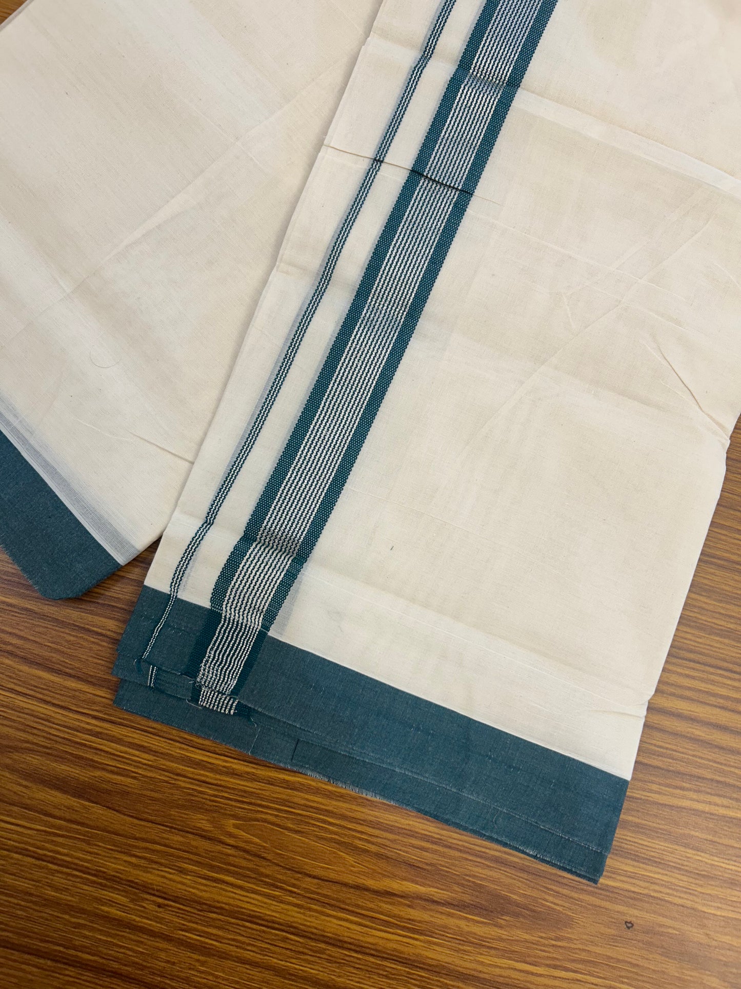 20% Discount !! KaithariKada Balaramapuram Double Off White (Unbleached) Mundu/Dhoti - 100x80 - 1.5 inch Green & Silver Striped kara 4 mtr (8.5 muzham) - 173 KK5361 PMC