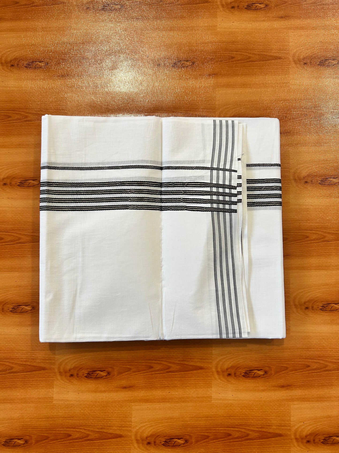 Double Pure White Mundu/Dhoti - 20% Discount ! Kaitharikada Balaramapuram 100% Cotton 100x80 - 1.25 Inch Silver Kasav & Black Striped Kara 3.90 mtr (8 muzham) - 3 KK5446 VAS