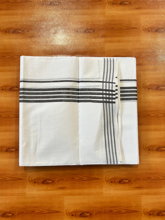 Double Pure White Mundu/Dhoti - 20% Discount ! Kaitharikada Balaramapuram 100% Cotton 100x80 - 1.25 Inch Silver Kasav & Black Striped Kara 3.90 mtr (8 muzham) - 3 KK5446 VAS