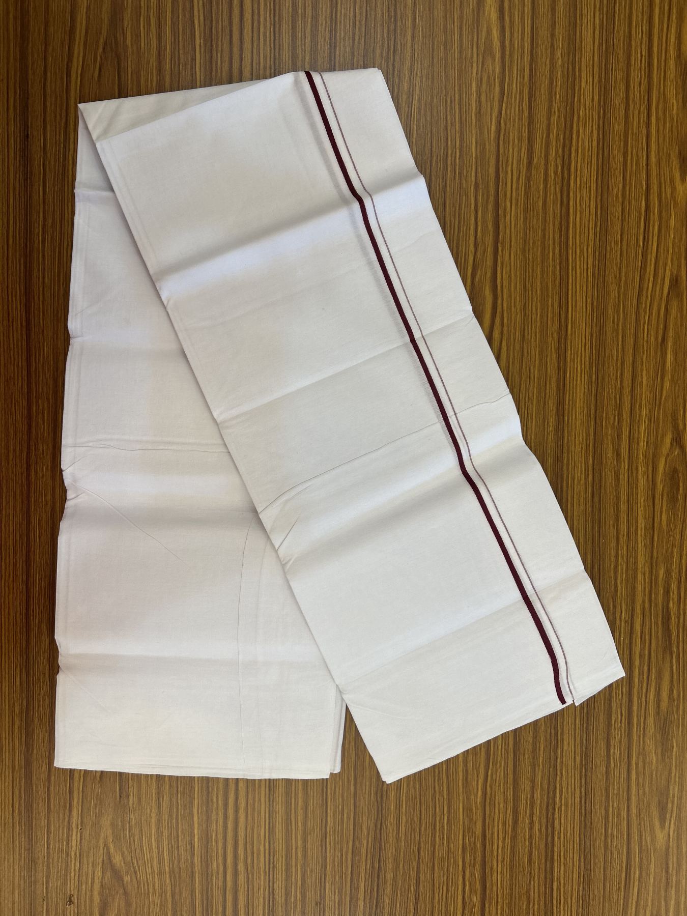 25% Discount ! KaithariKada 100% Cotton Kerala Handloom Single Pure White  Mundu/Dhoti - 0.5 cm Maroon Kara (2 meter / 4 muzham) - 16 KK5336 KAI