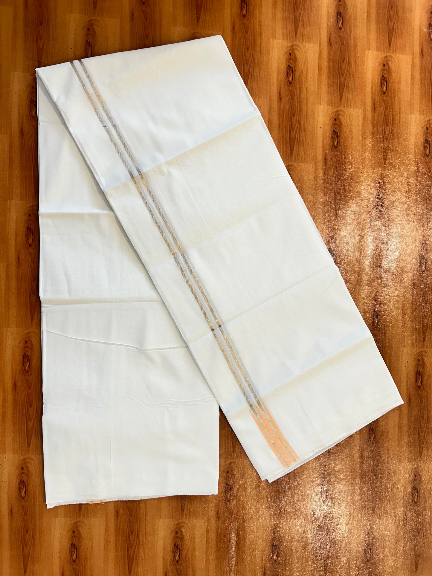 Double Pure White Mundu/ Dhoti - 20% Discount ! Kaitharikada Balaramapuram 100% Cotton 100x80 - 1 inch Silver Kasav & Light Salmon Puliyilakkara Chutty Kara 3.90 mtr (8 muzham) - 15 KK5446 VAS