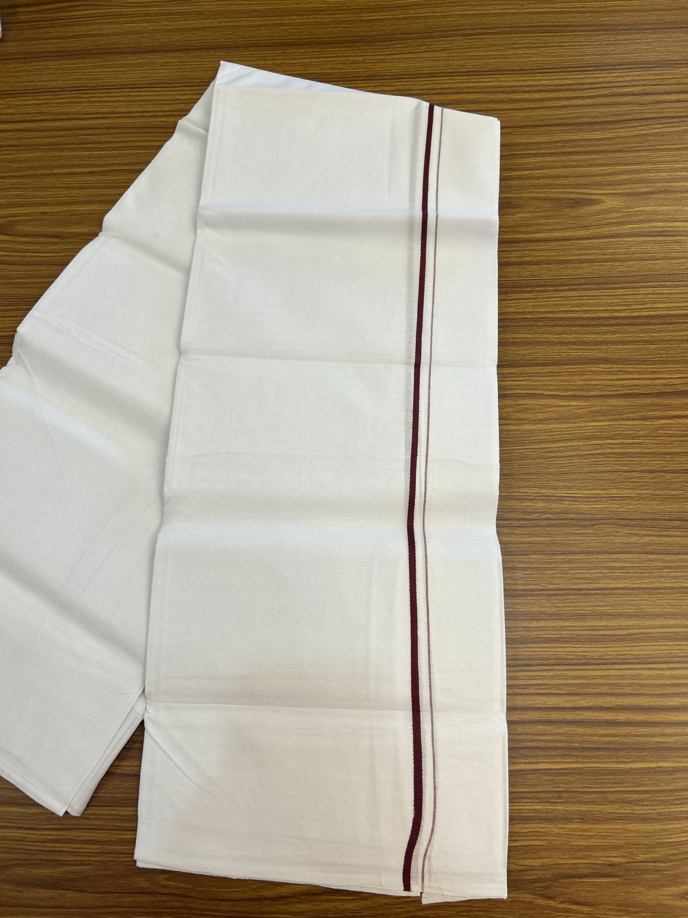 25% Discount ! KaithariKada 100% Cotton Kerala Handloom Single Pure White  Mundu/Dhoti - 0.5 cm Maroon Kara (2 meter / 4 muzham) - 16 KK5336 KAI