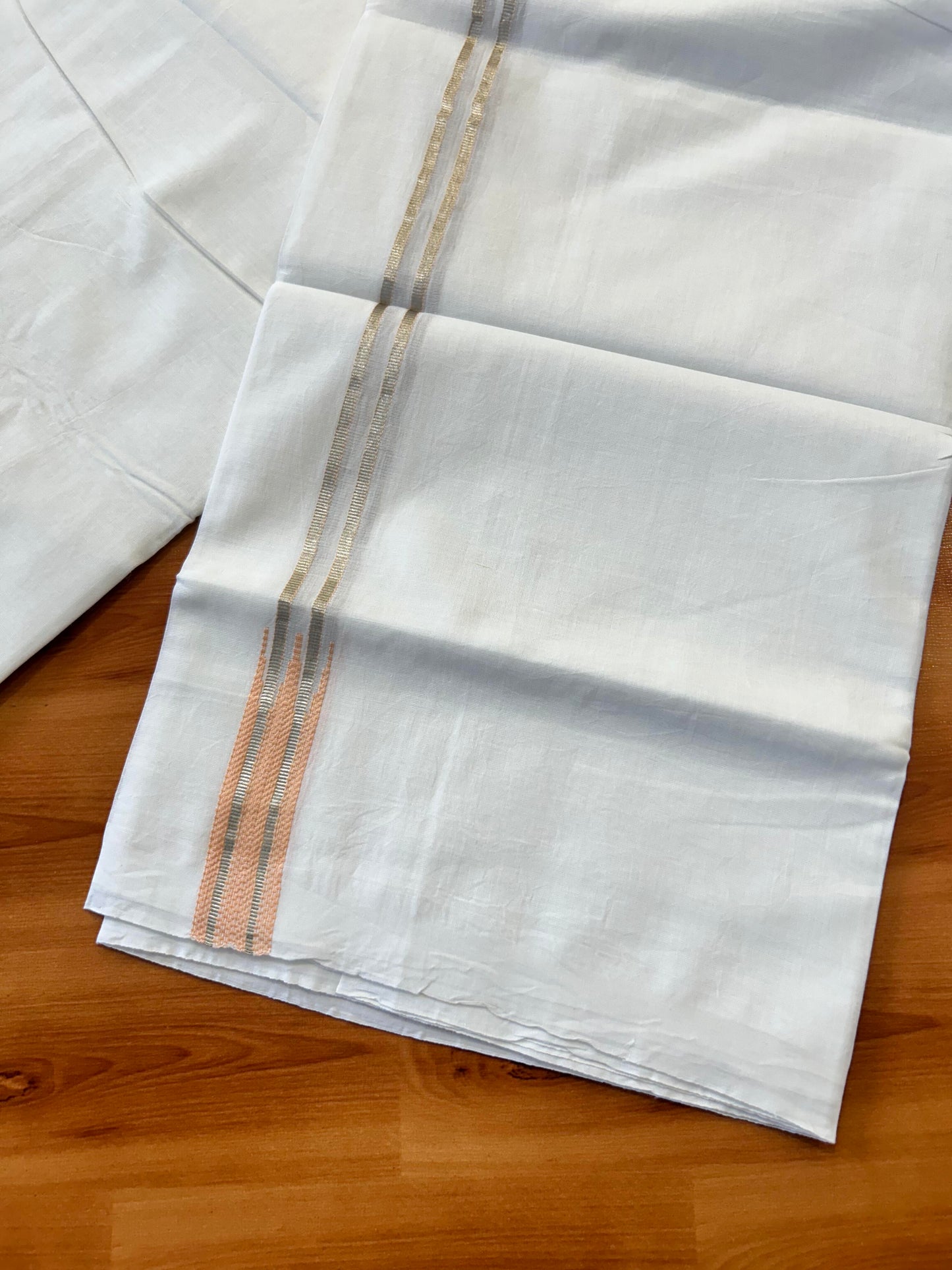 Double Pure White Mundu/ Dhoti - 20% Discount ! Kaitharikada Balaramapuram 100% Cotton 100x80 - 1 inch Silver Kasav & Light Salmon Puliyilakkara Chutty Kara 3.90 mtr (8 muzham) - 15 KK5446 VAS