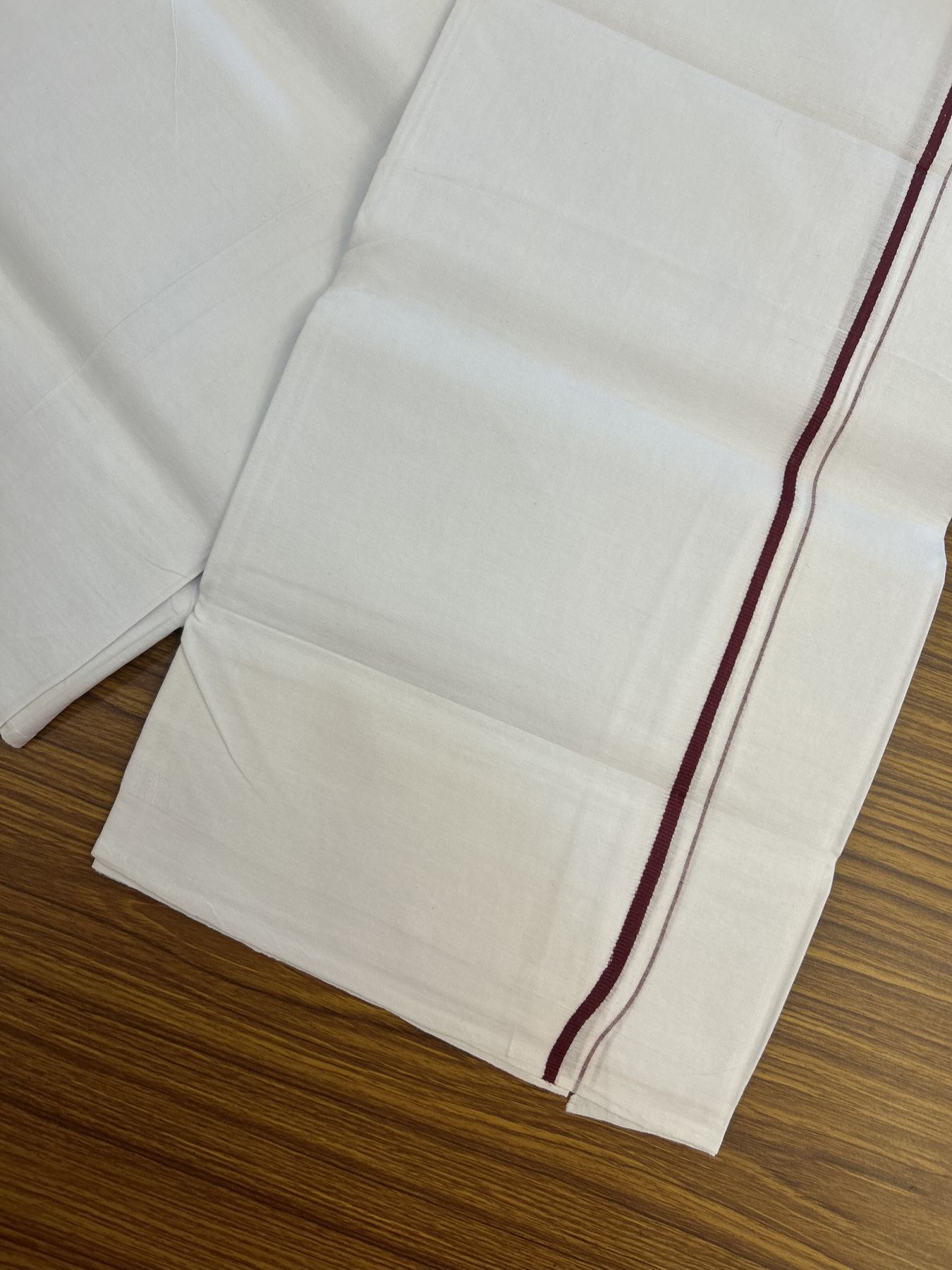 25% Discount ! KaithariKada 100% Cotton Kerala Handloom Single Pure White  Mundu/Dhoti - 0.5 cm Maroon Kara (2 meter / 4 muzham) - 16 KK5336 KAI