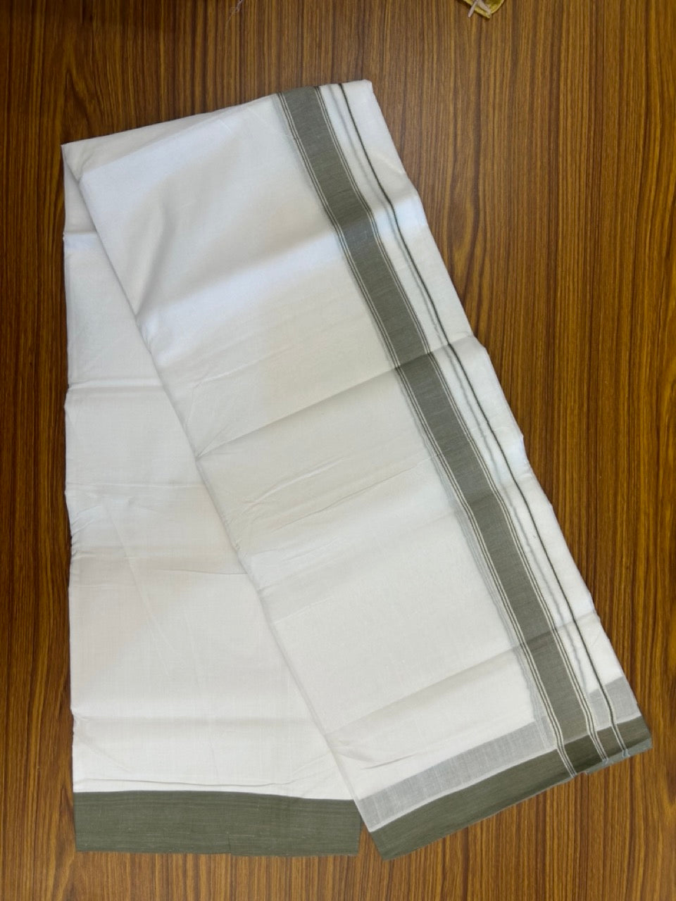 KaithariKada Handloom Millpaav Balaramapuram - 100% Pure Cotton Double Mundu/Dhoti Pure white - 80x90 - 1.25 inch Silver Kasav Sage Green & Brown Striped Kara 4 mtr (8.5 Muzham) - 23 KK5263 YAR