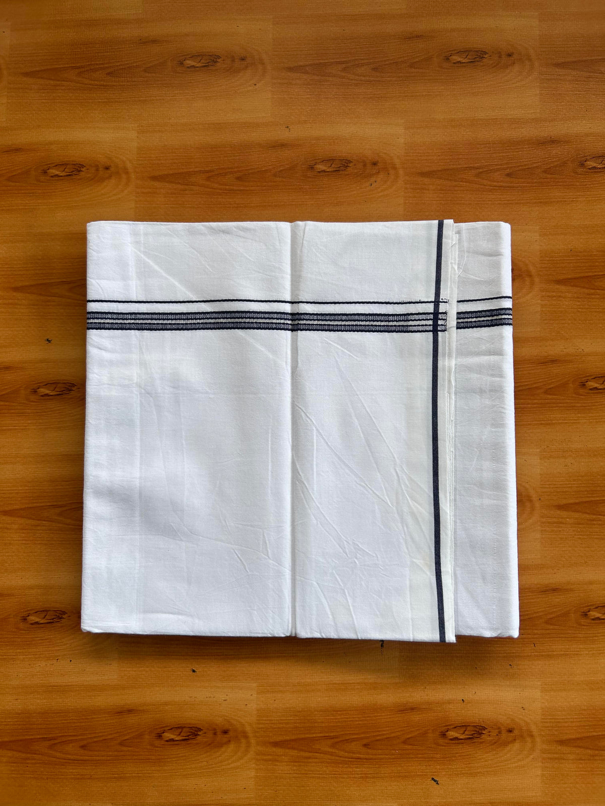 Single Mundu/Dhoti  - Pure White - KaithariKada Pulimood 100% Cotton - Twisted 60s Thread - 0.5 inch Navy Blue & Silver striped Kara (2 meter / 4 muzham) - 11 KK5556 GL