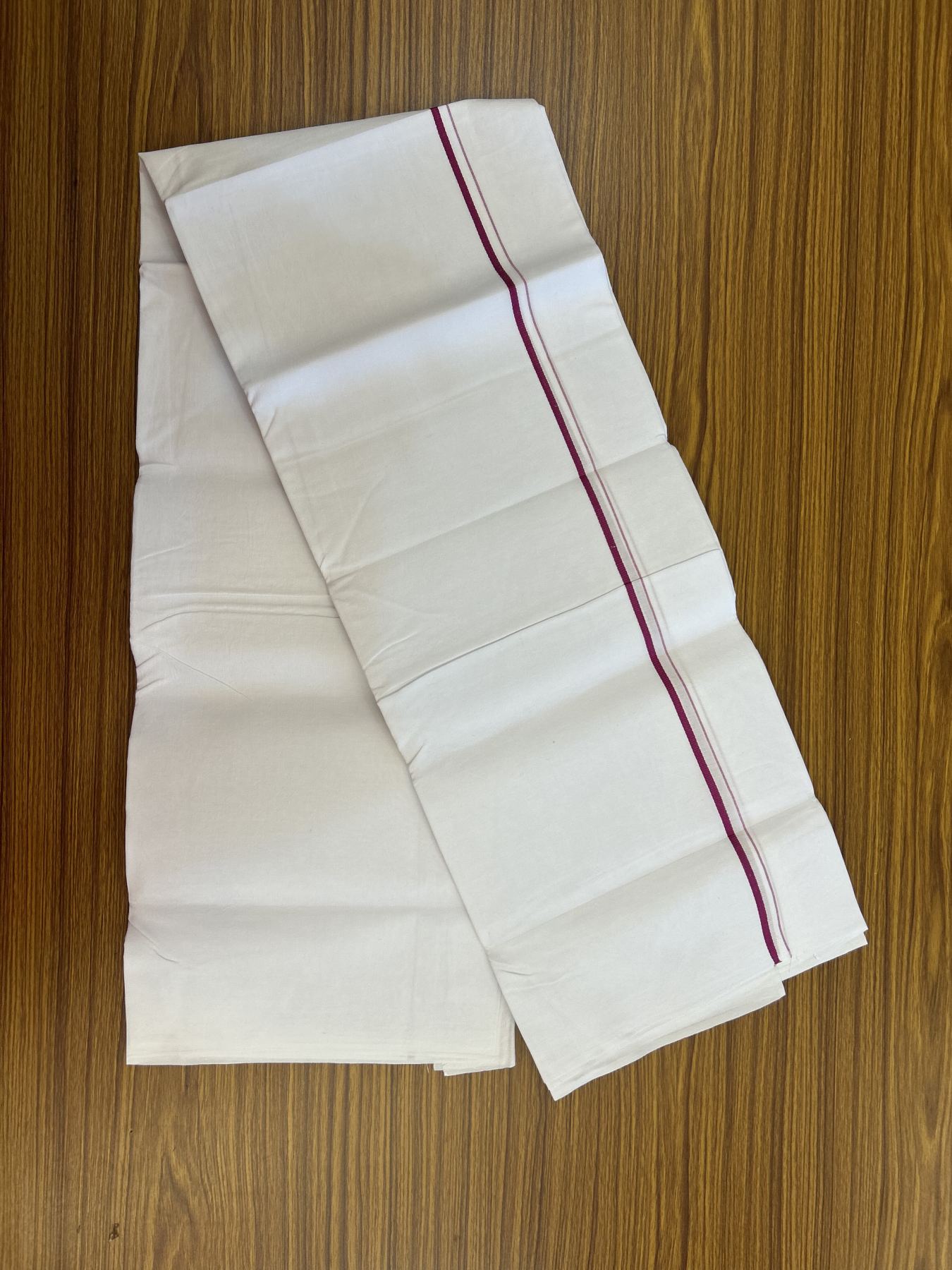 25% Discount ! KaithariKada 100% Cotton Kerala Handloom Single Pure White  Mundu/Dhoti - 0.5 cm Magenta Kara (2 meter / 4 muzham) - 17 KK5336 KAI
