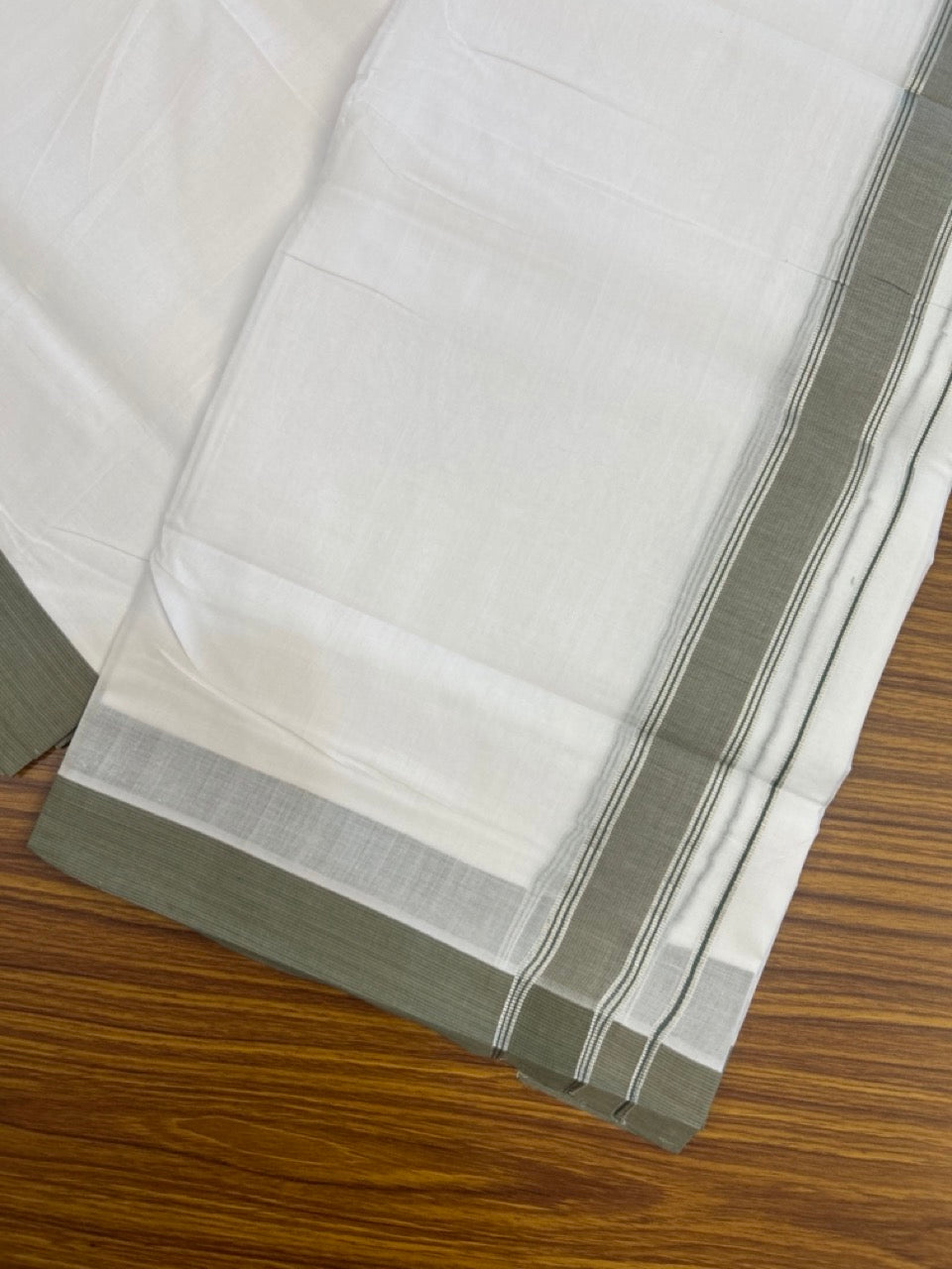 KaithariKada Handloom Millpaav Balaramapuram - 100% Pure Cotton Double Mundu/Dhoti Pure white - 80x90 - 1.25 inch Silver Kasav Sage Green & Brown Striped Kara 4 mtr (8.5 Muzham) - 23 KK5263 YAR