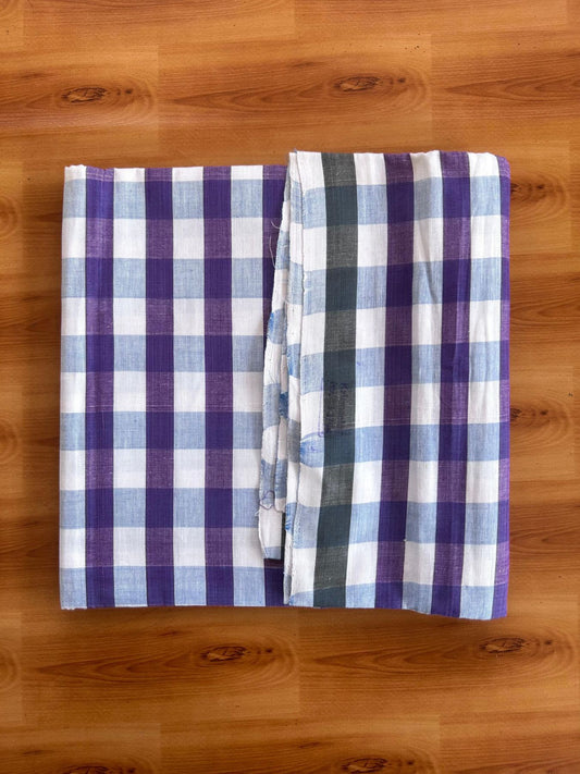 Kerala Handloom - Signature Kaitharikada - 100% Pure Cotton - 2/60X40s Twisted Thread - Handloom Single Mundu/Dhoti - Violet Blue & White Check Body  - 2 mtr - 31 KK8080 KAL