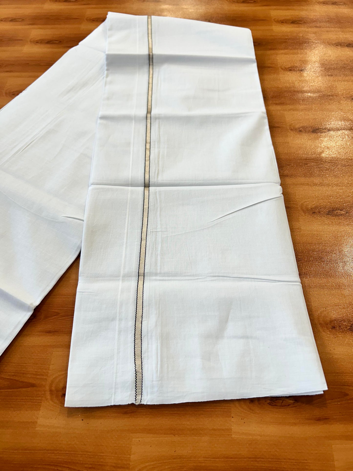 Double Pure White Mundu/ Dhoti - 20% Discount ! Kaitharikada Balaramapuram 100% Cotton 100x80 - 0.75 inch Silver Kasav & Black Striped Puliyilakkara One Side Chutty Kara 3.90 mtr (8 muzham) - 11 KK5446 VAS