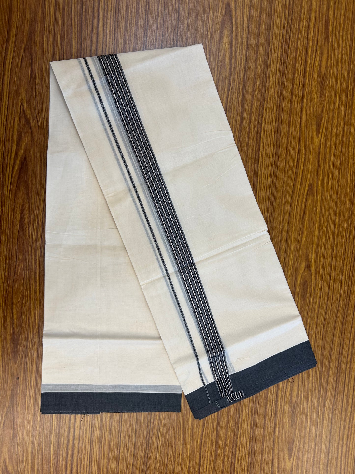 20% Discount !! KaithariKada Balaramapuram Double Off White (Unbleached) Mundu/Dhoti - 100x80 - 1.25 inch Black & Ash Grey Silver Striped kara 4 mtr (8.5 muzham) - 189 KK5361 PMC