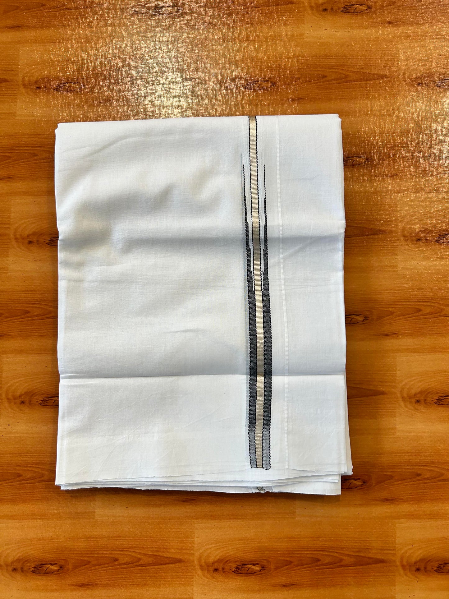 Double Pure White Mundu/ Dhoti - 20% Discount ! Kaitharikada Balaramapuram 100% Cotton 100x80 - 0.75 inch Silver Kasav & Black Striped Puliyilakkara One Side Chutty Kara 3.90 mtr (8 muzham) - 11 KK5446 VAS