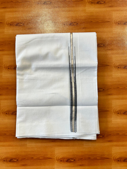 Double Pure White Mundu/ Dhoti - 20% Discount ! Kaitharikada Balaramapuram 100% Cotton 100x80 - 0.75 inch Silver Kasav & Black Striped Puliyilakkara One Side Chutty Kara 3.90 mtr (8 muzham) - 11 KK5446 VAS