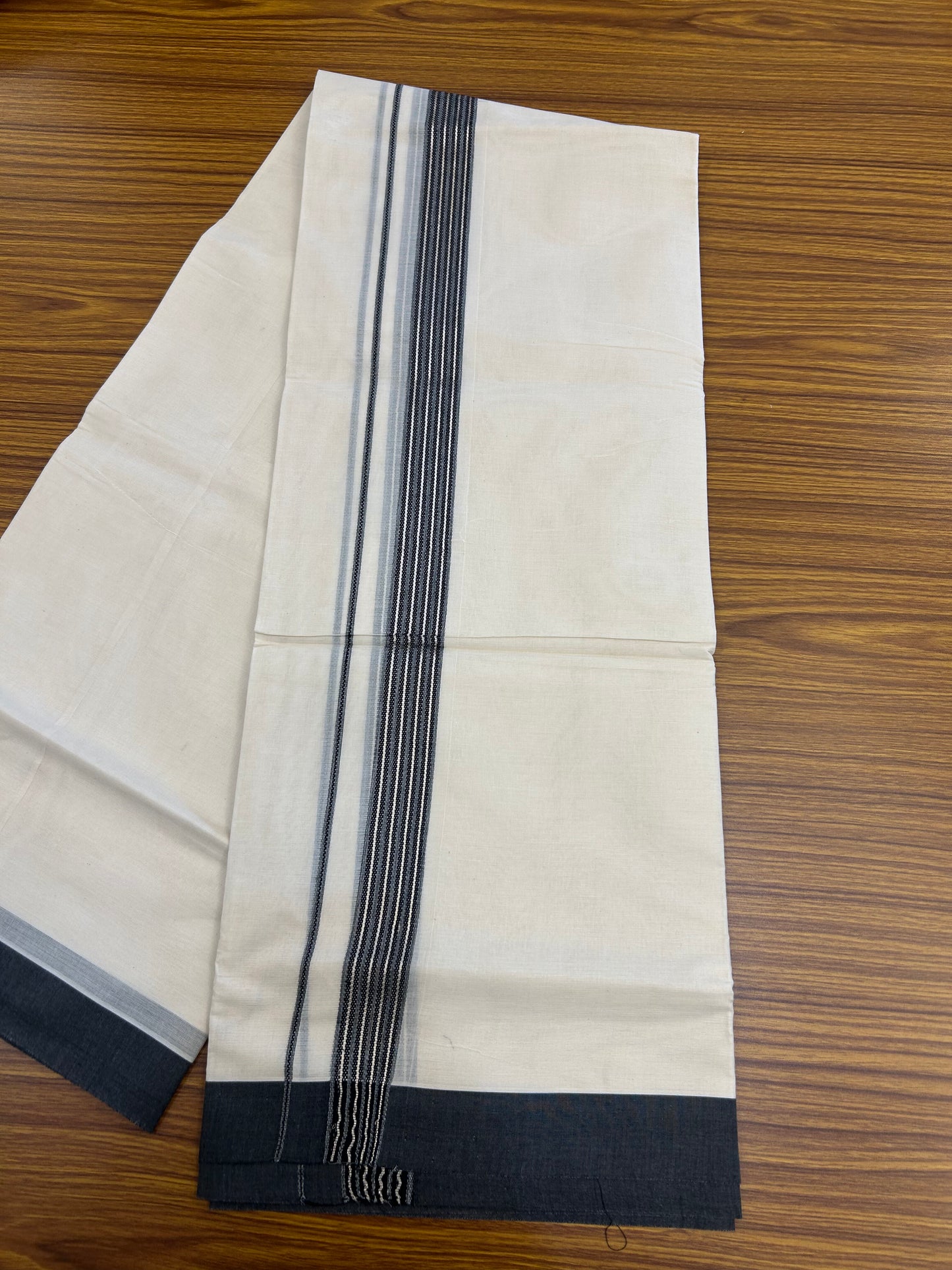 20% Discount !! KaithariKada Balaramapuram Double Off White (Unbleached) Mundu/Dhoti - 100x80 - 1.25 inch Black & Ash Grey Silver Striped kara 4 mtr (8.5 muzham) - 189 KK5361 PMC