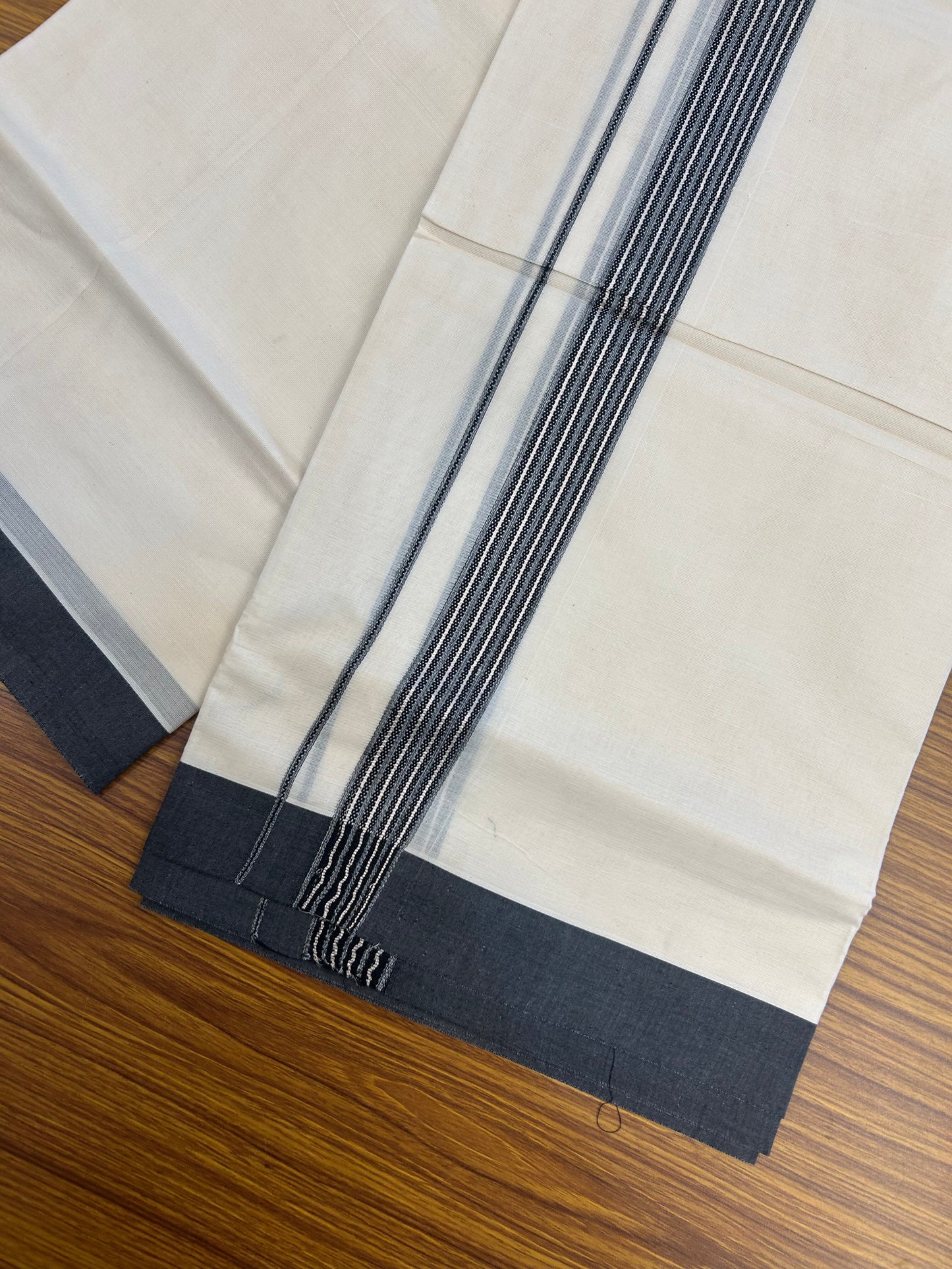 20% Discount !! KaithariKada Balaramapuram Double Off White (Unbleached) Mundu/Dhoti - 100x80 - 1.25 inch Black & Ash Grey Silver Striped kara 4 mtr (8.5 muzham) - 189 KK5361 PMC
