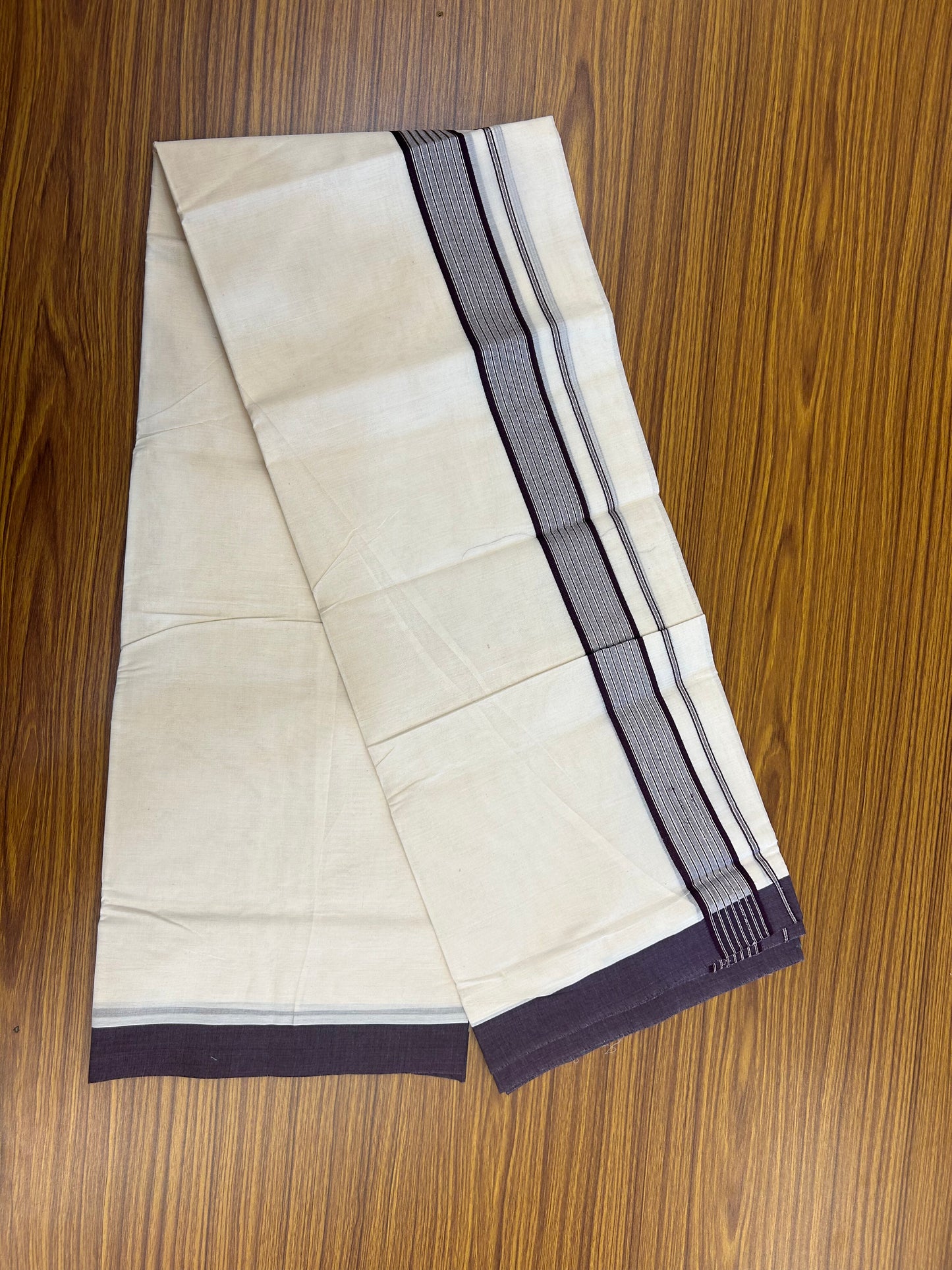 20% Discount! KaithariKada Balaramapuram Pure Cotton Double Off White Mundu/Dhoti - 100x80 - 1.75 Inch Silver Kasav & Wine Stripes Kara 4 mtr (8.5 Muzham) - 178 KK5361 PMC