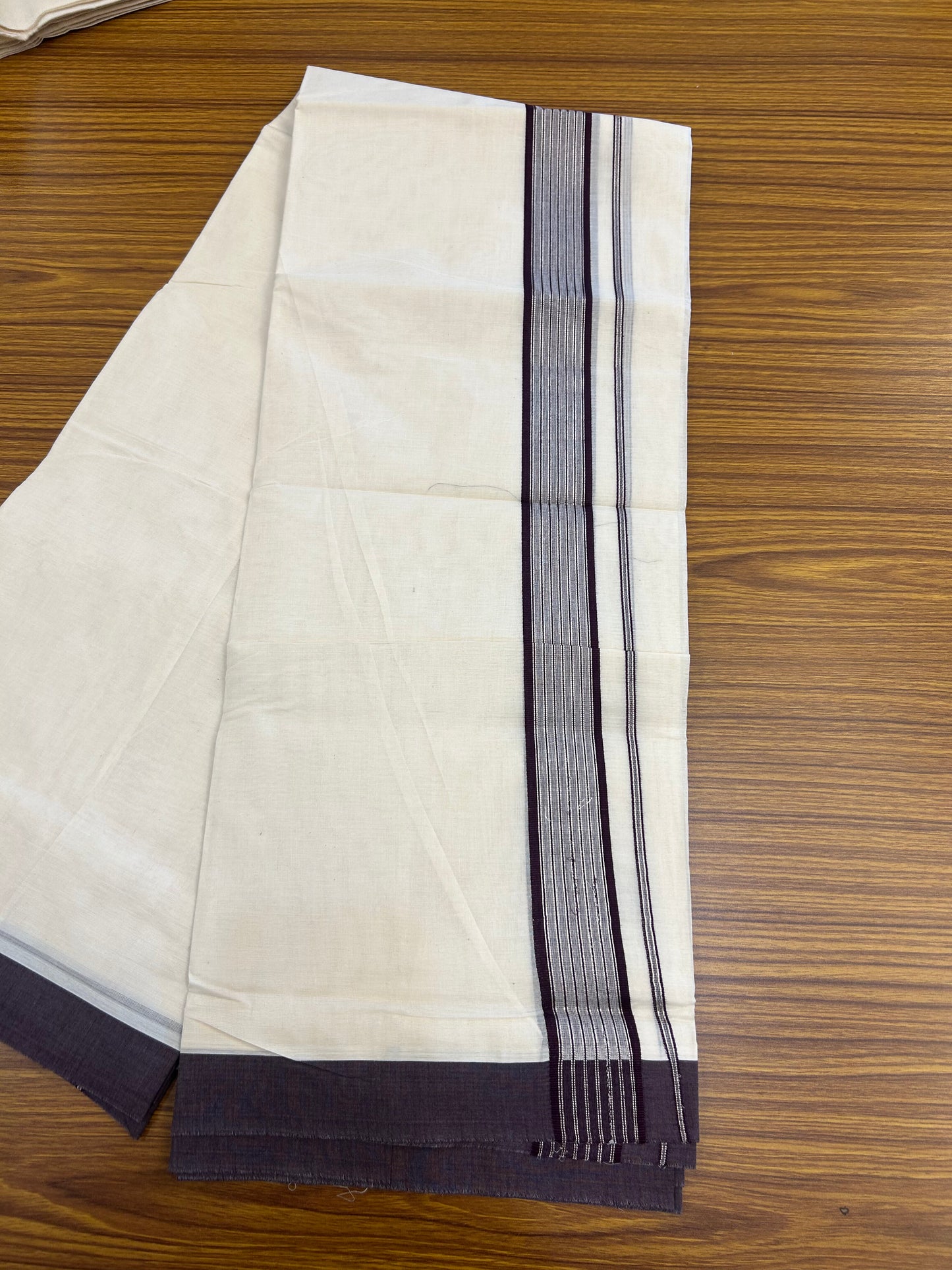 20% Discount! KaithariKada Balaramapuram Pure Cotton Double Off White Mundu/Dhoti - 100x80 - 1.75 Inch Silver Kasav & Wine Stripes Kara 4 mtr (8.5 Muzham) - 178 KK5361 PMC