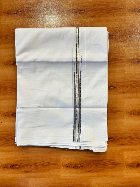 Double Pure White Mundu/ Dhoti - 20% Discount ! Kaitharikada Balaramapuram 100% Cotton 100x80 - 0.75 inch Silver Kasav & Navy Blue Striped Puliyilakkara One Side Chutty Kara 3.90 mtr (8 muzham) - 10 KK5446 VAS