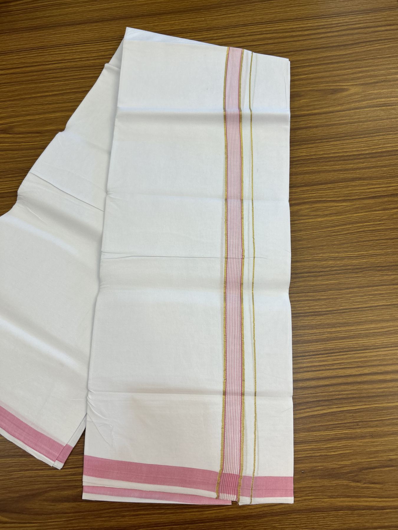 25% Discount ! KaithariKada 100% Cotton Kerala Handloom Single Pure White Mundu/Dhoti - 0.75 inch Pink & Kasav Striped Kara (2 meter / 4 muzham) - 15 KK5336 KAI
