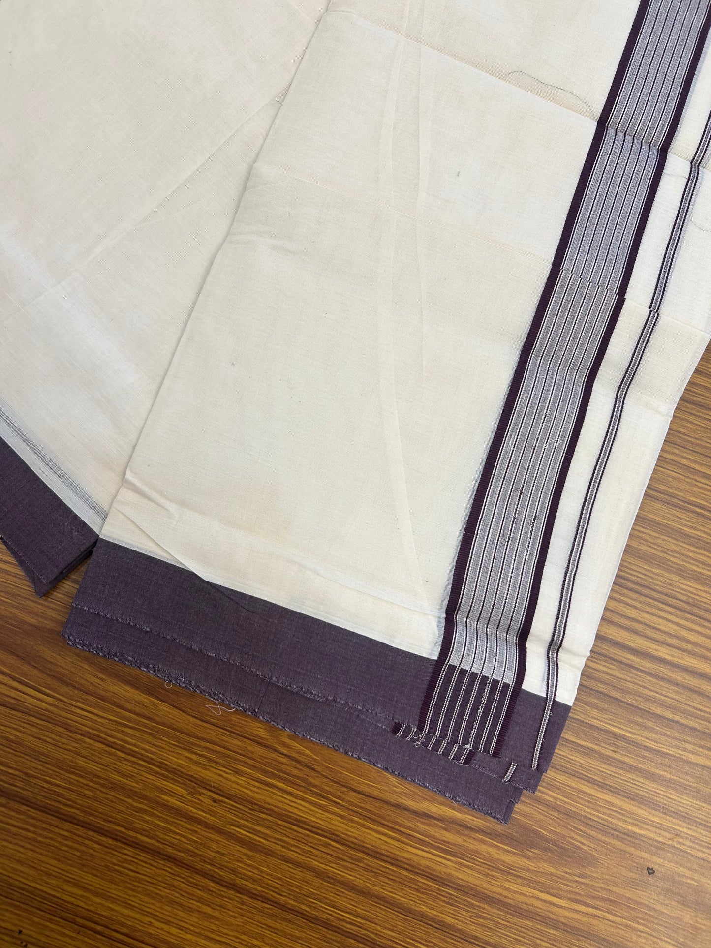 20% Discount! KaithariKada Balaramapuram Pure Cotton Double Off White Mundu/Dhoti - 100x80 - 1.75 Inch Silver Kasav & Wine Stripes Kara 4 mtr (8.5 Muzham) - 178 KK5361 PMC
